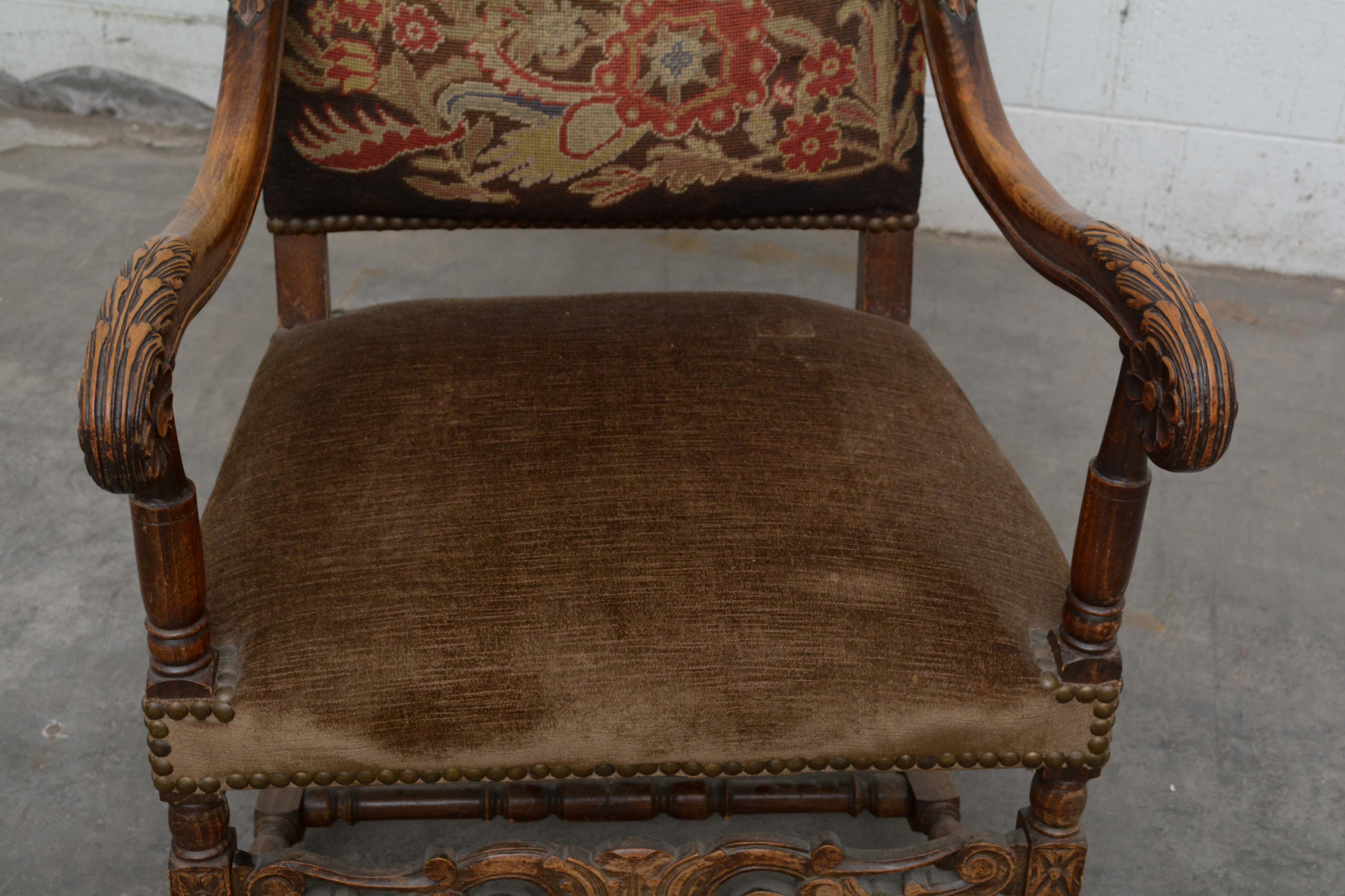 Louis XIII Style Needlepoint Upholstered Armchair, Early 20th Century