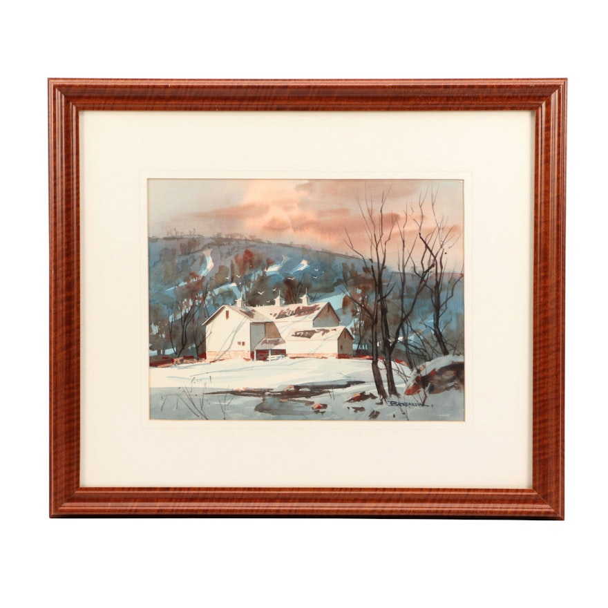 Robert Brubaker Watercolor Painting of Winter Pastoral Scene