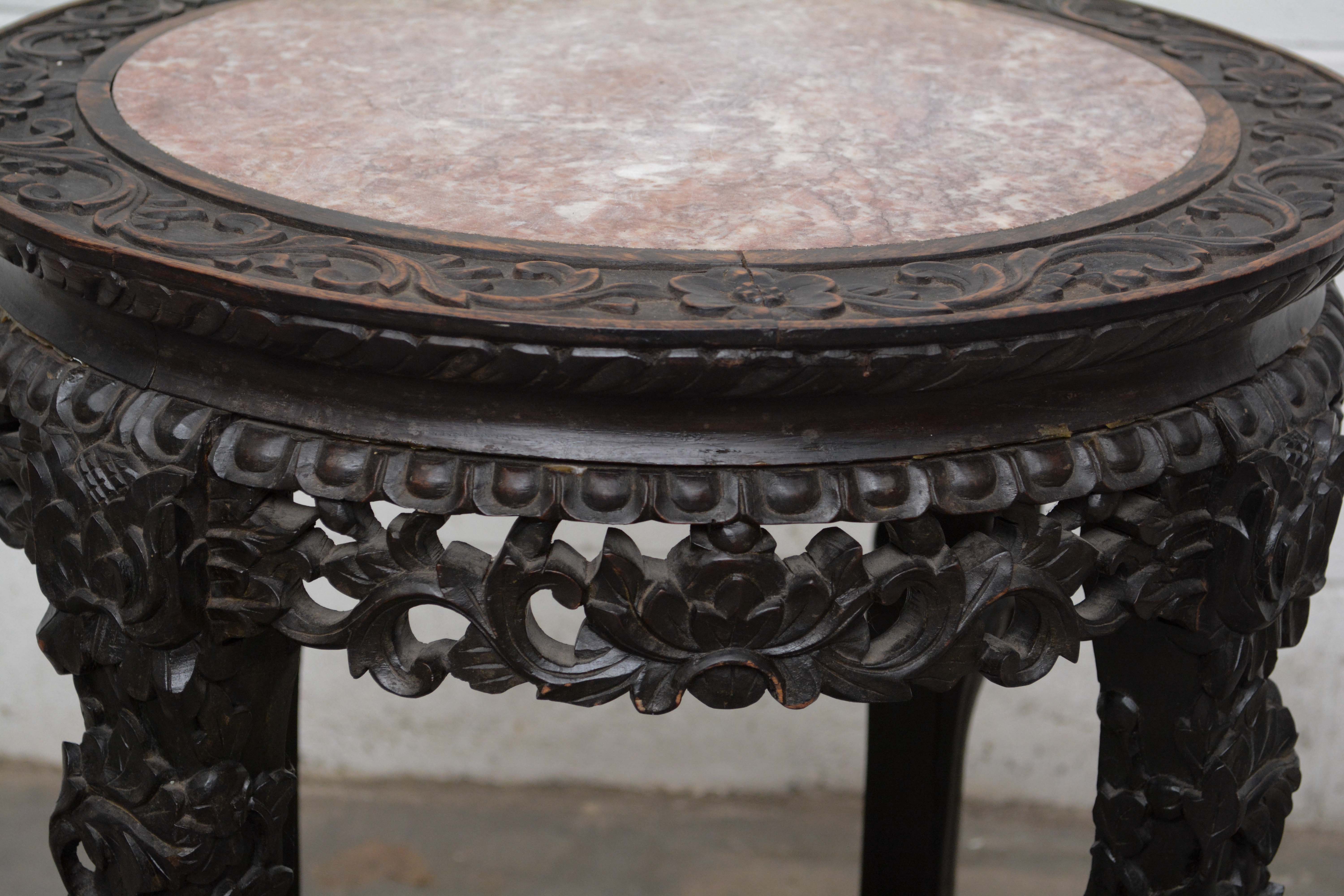 Chinese Export Carved Hardwood & Pink Marble Stand, Late 19th/Early 20th Century