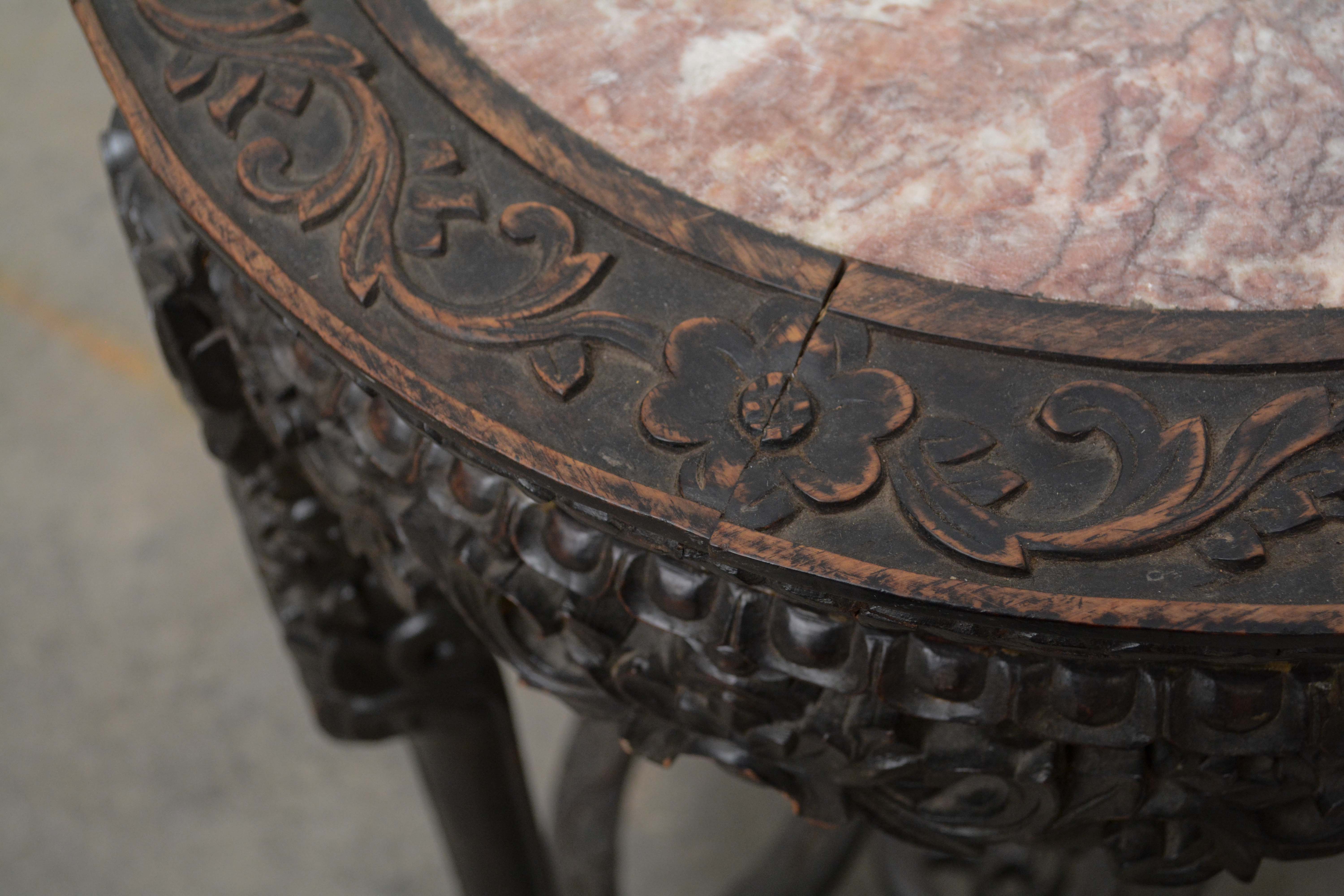 Chinese Export Carved Hardwood & Pink Marble Stand, Late 19th/Early 20th Century