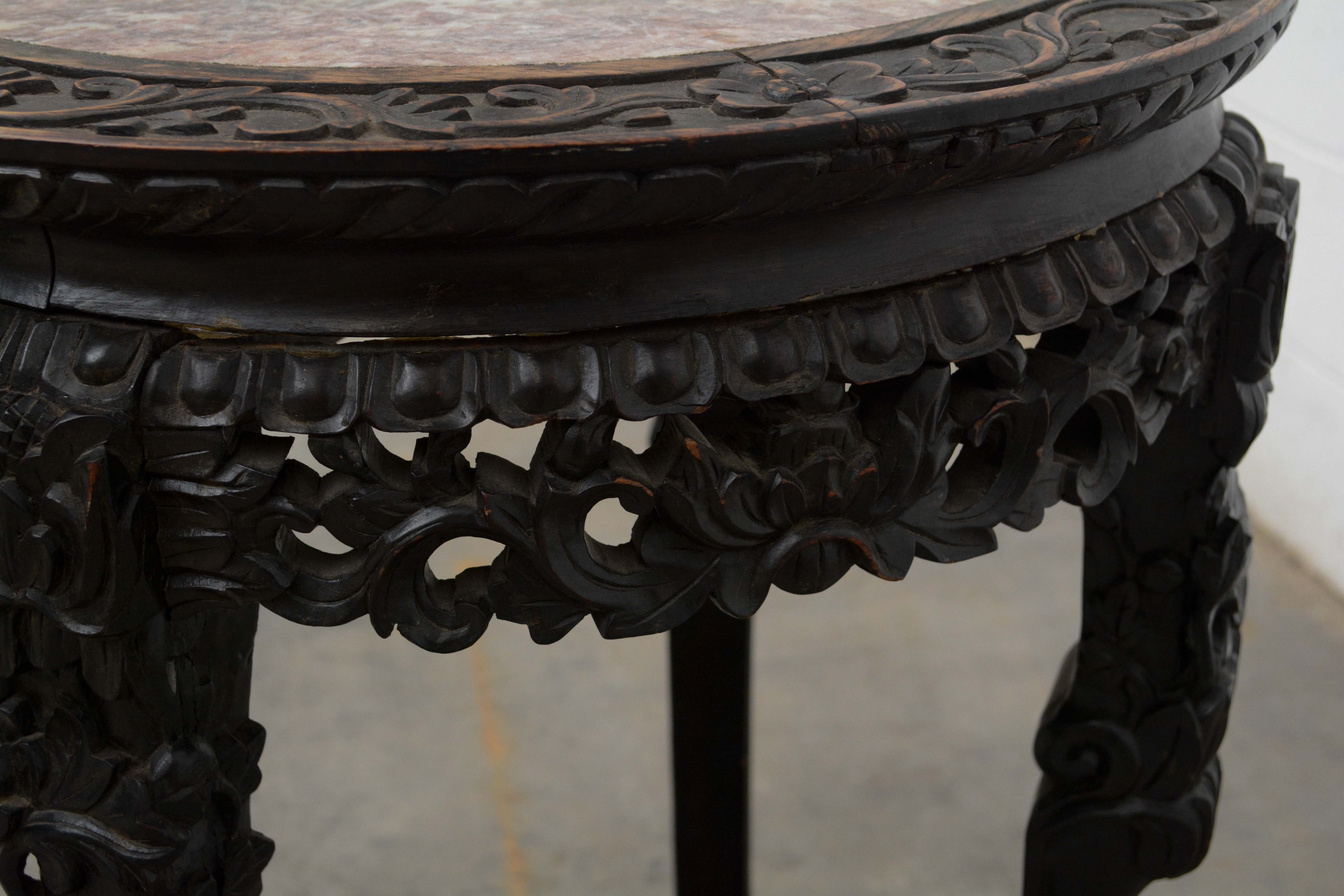 Chinese Export Carved Hardwood & Pink Marble Stand, Late 19th/Early 20th Century