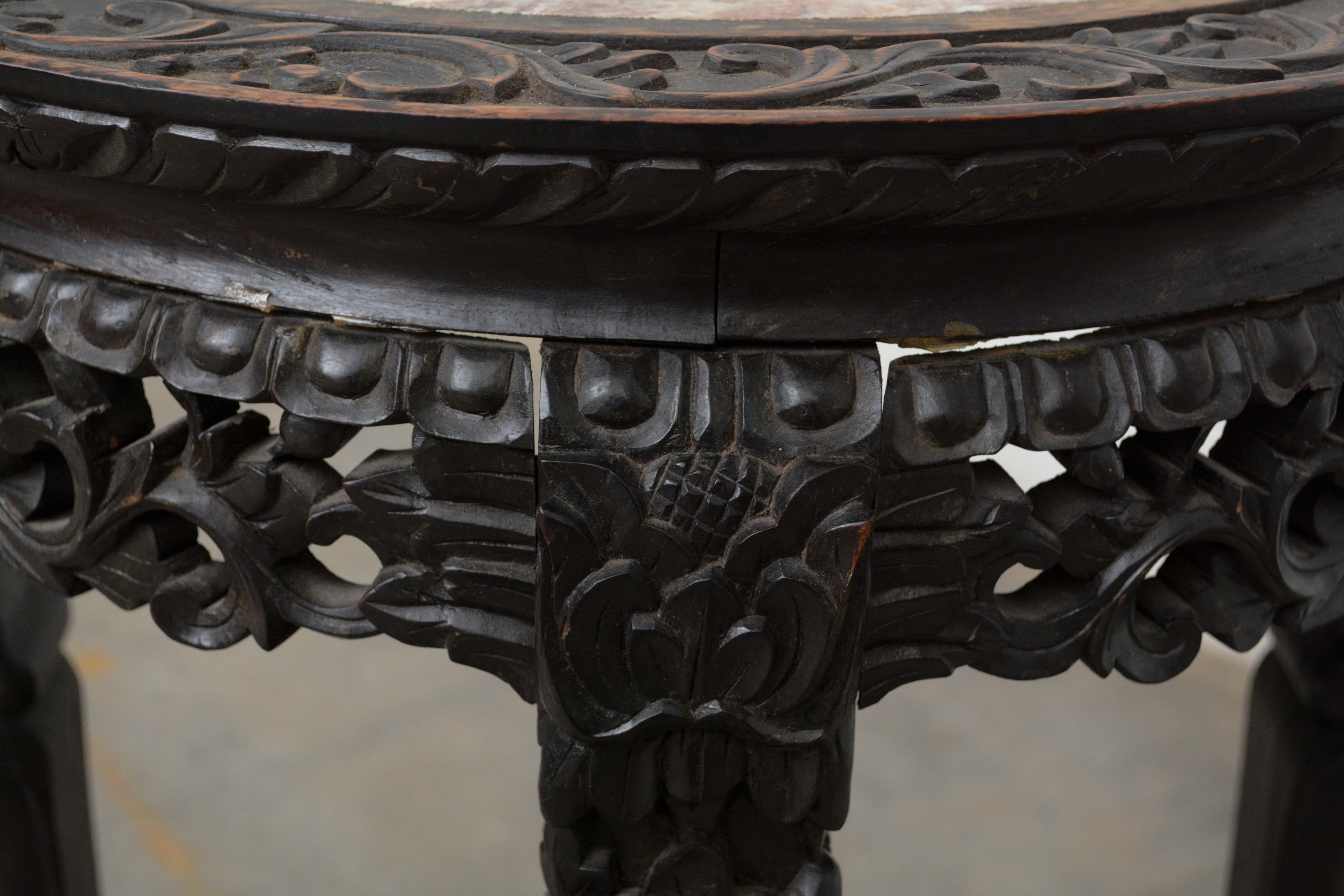 Chinese Export Carved Hardwood & Pink Marble Stand, Late 19th/Early 20th Century