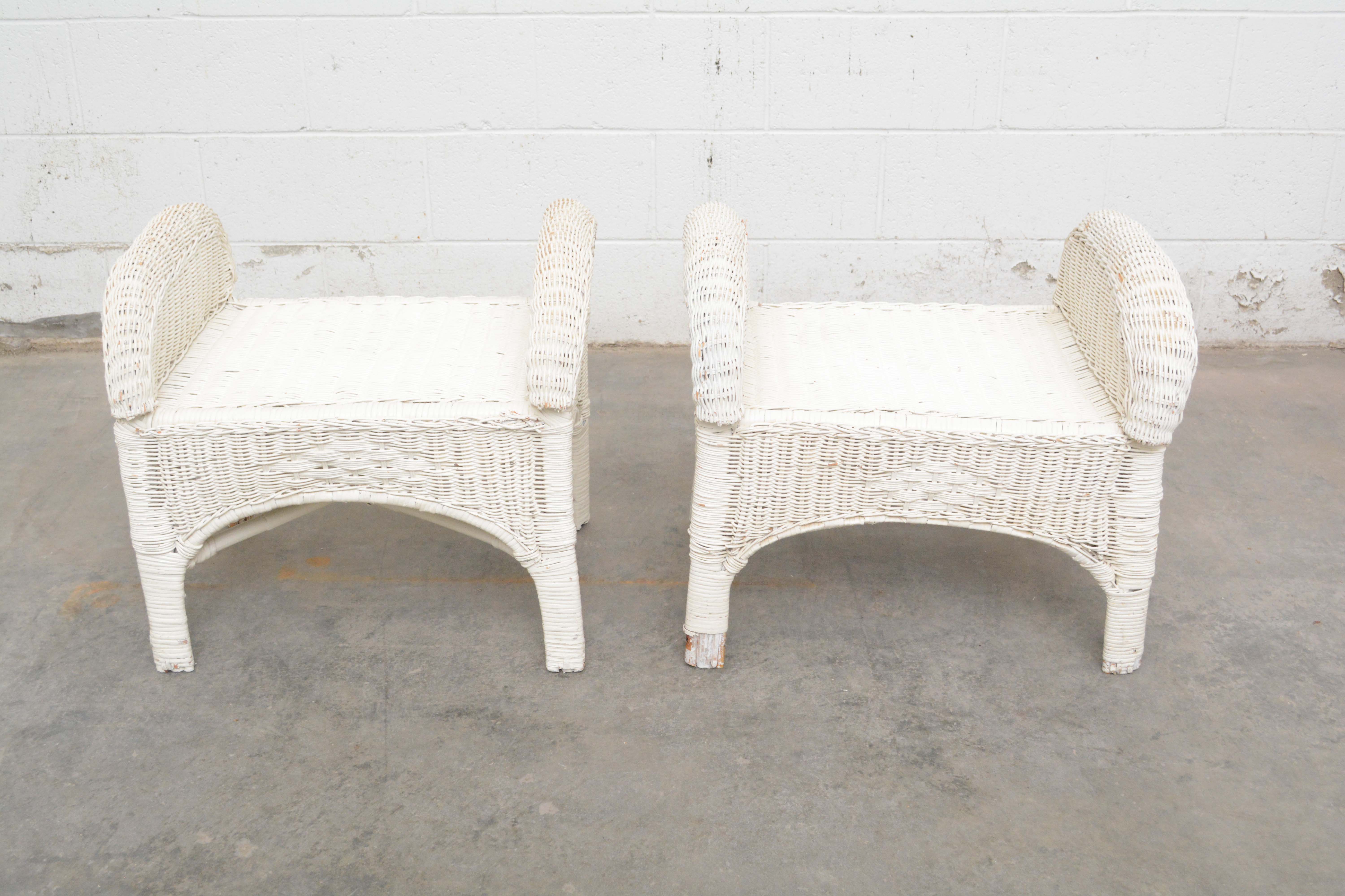 Painted Wicker Weave Benches, Plant Stands, and Side Table, Mid-20th Century