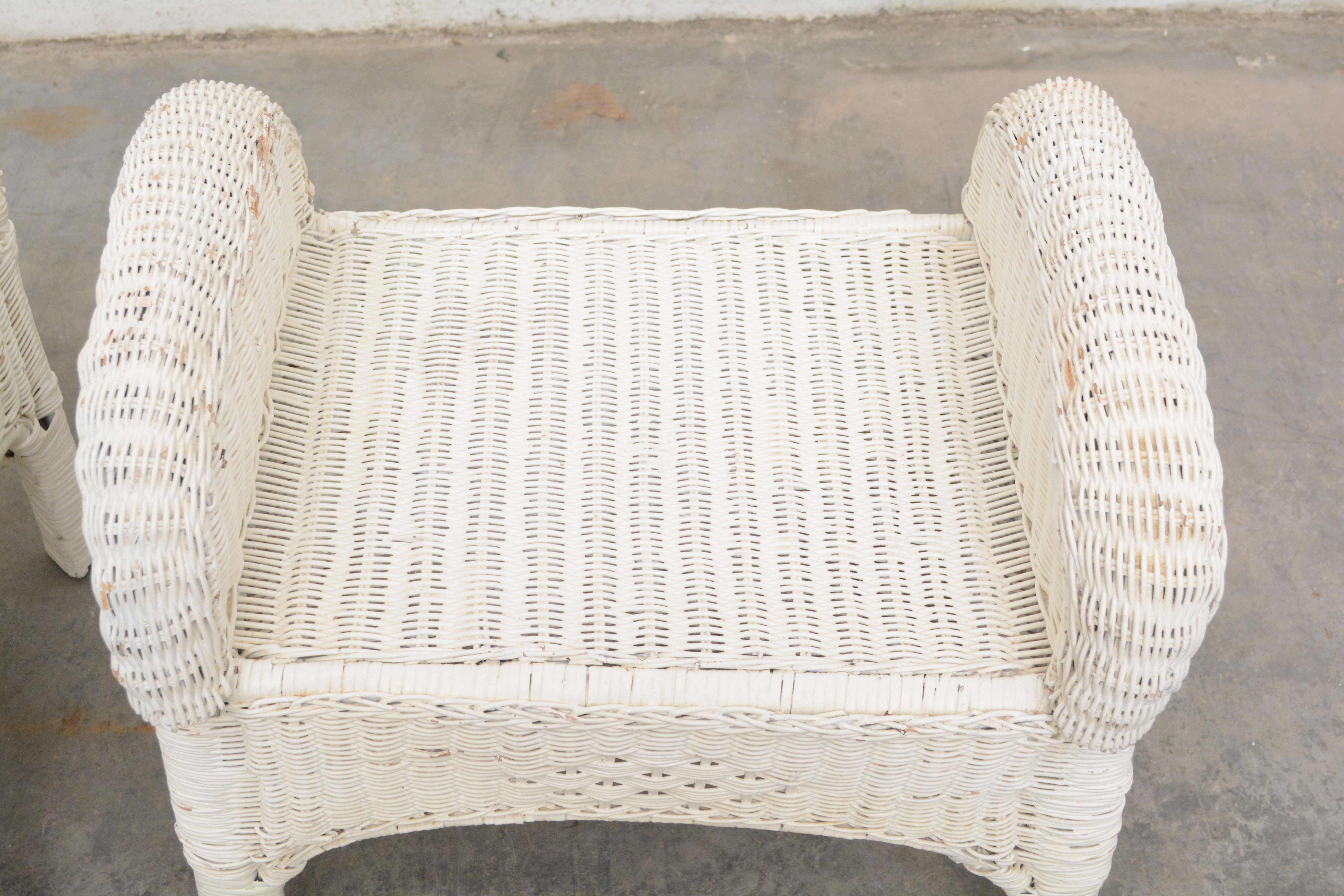 Painted Wicker Weave Benches, Plant Stands, and Side Table, Mid-20th Century