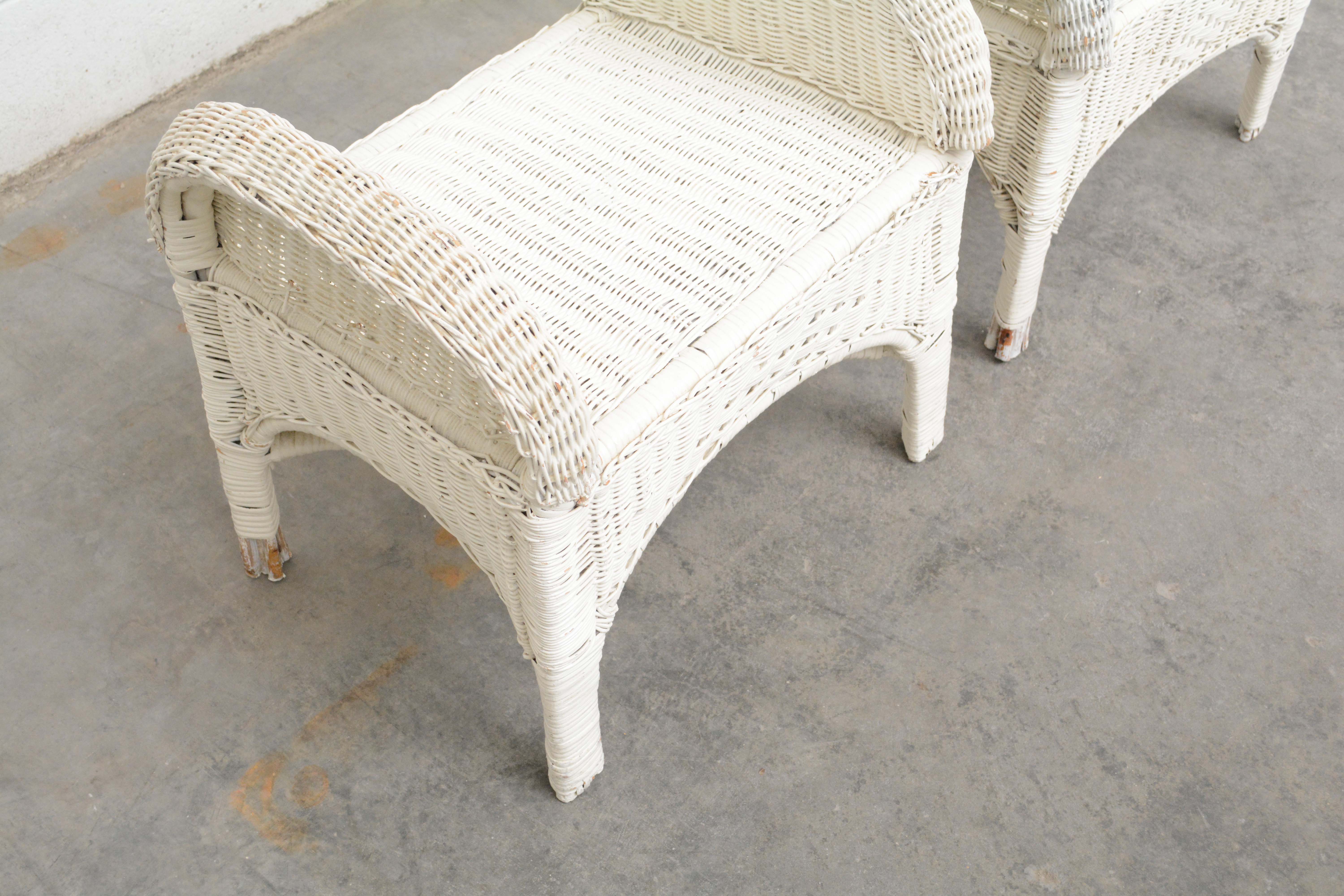 Painted Wicker Weave Benches, Plant Stands, and Side Table, Mid-20th Century