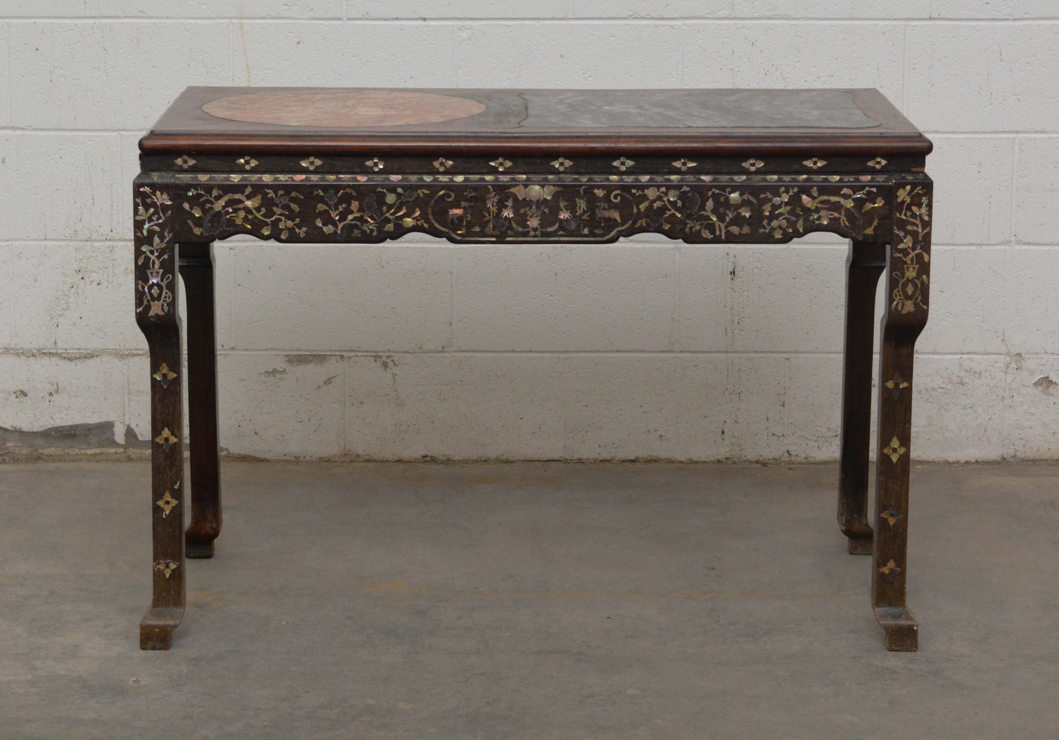 Chinese Rosewood and Stone Table with Mother of Pearl Inlay, 20th Century