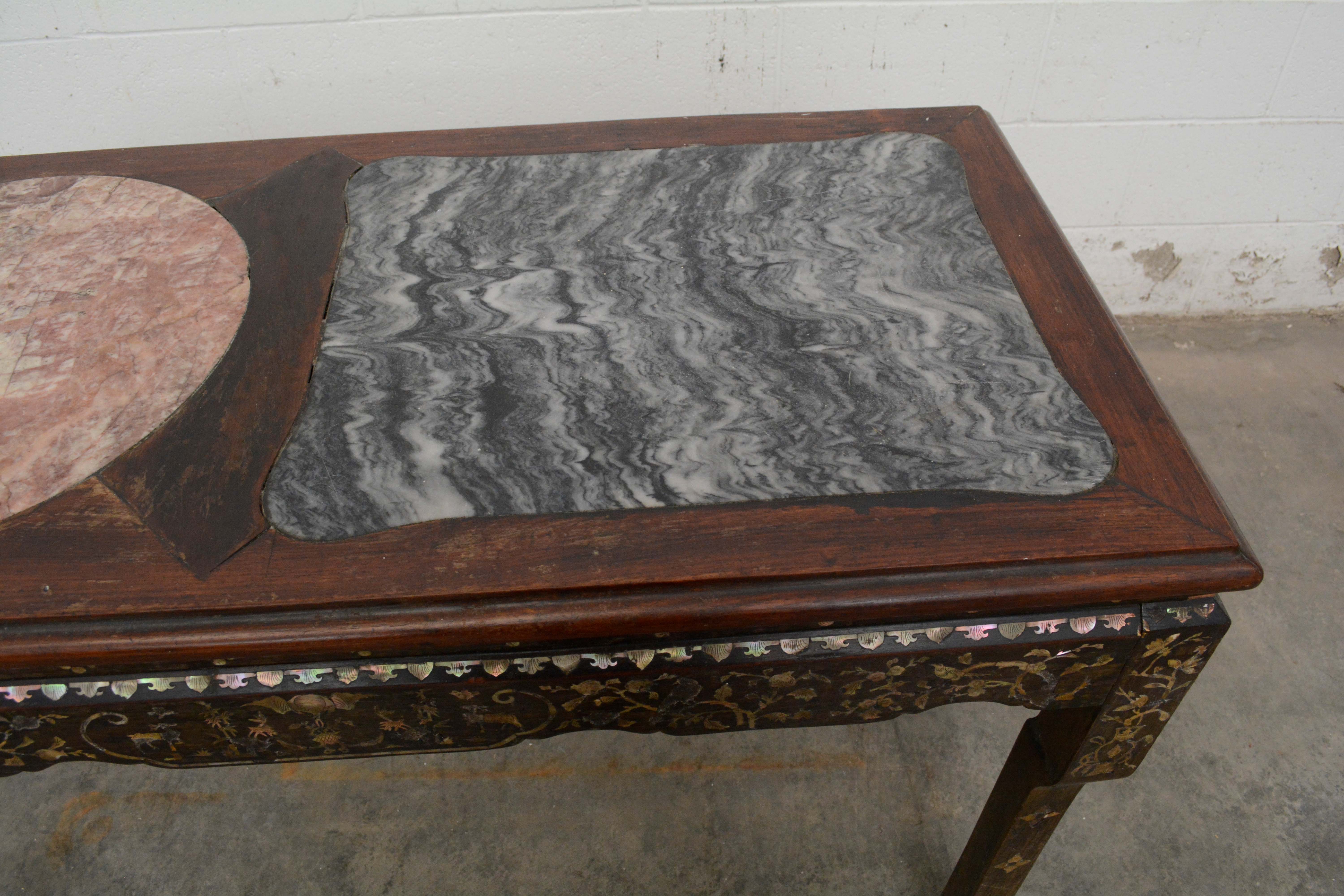 Chinese Rosewood and Stone Table with Mother of Pearl Inlay, 20th Century