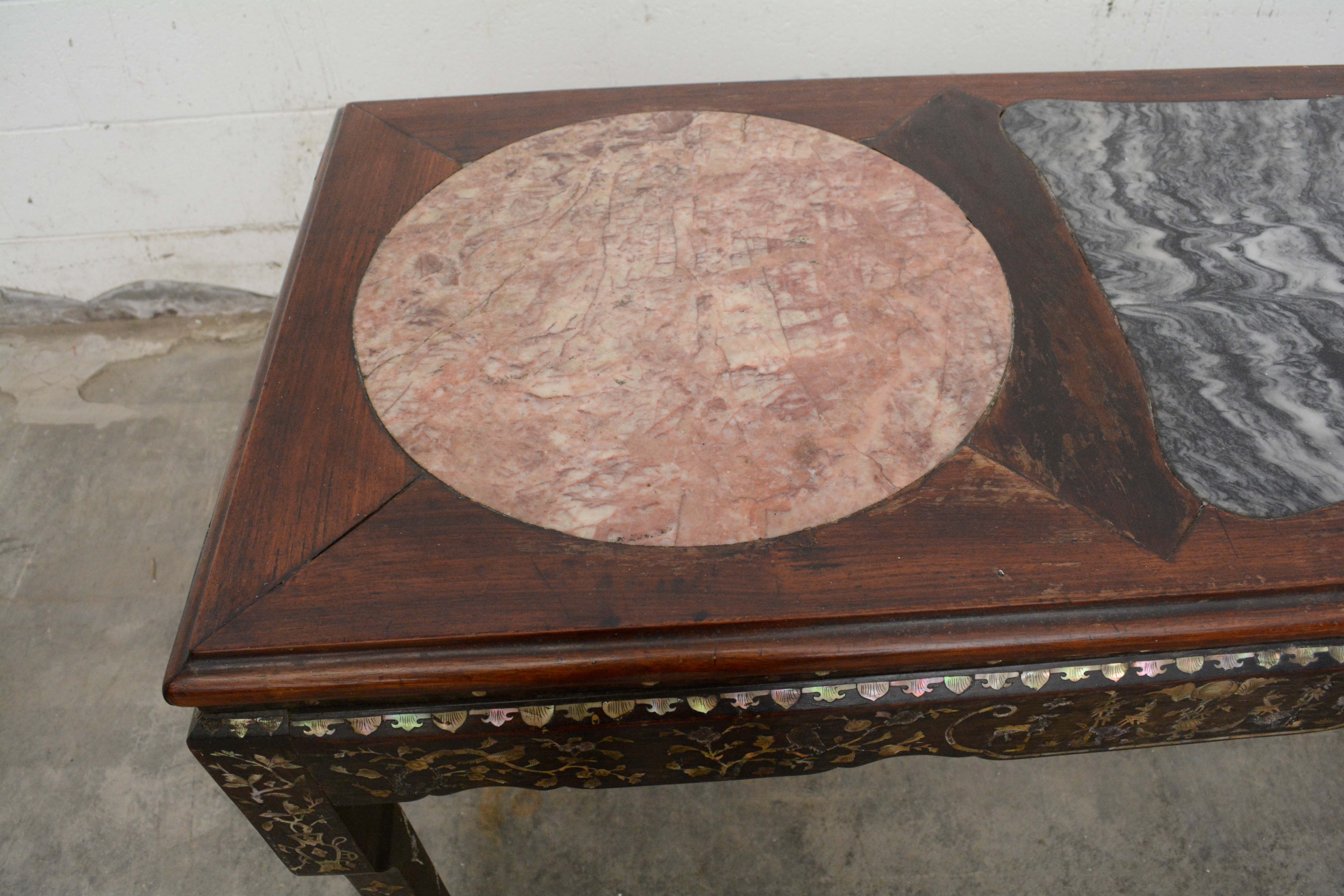 Chinese Rosewood and Stone Table with Mother of Pearl Inlay, 20th Century