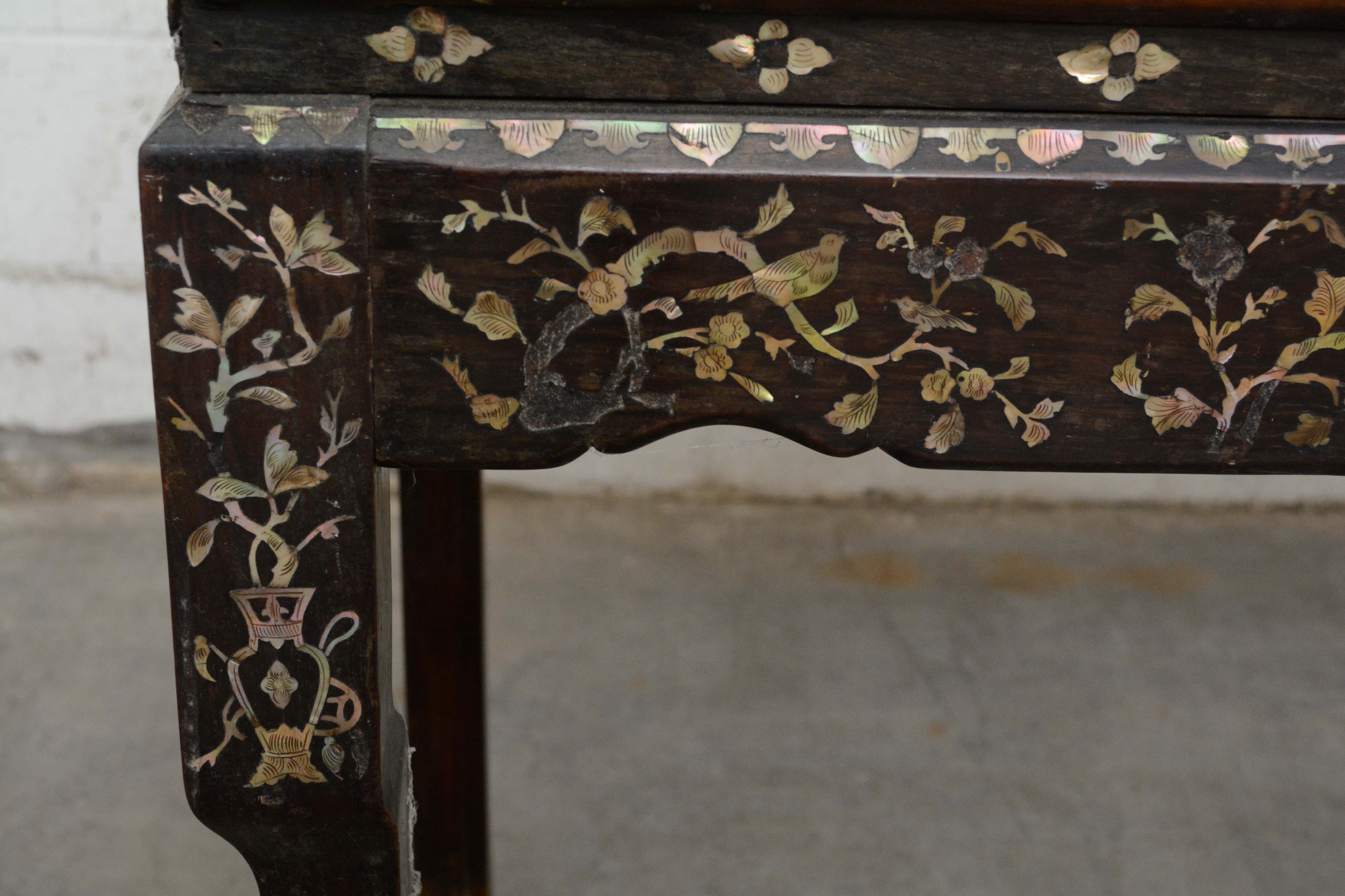 Chinese Rosewood and Stone Table with Mother of Pearl Inlay, 20th Century