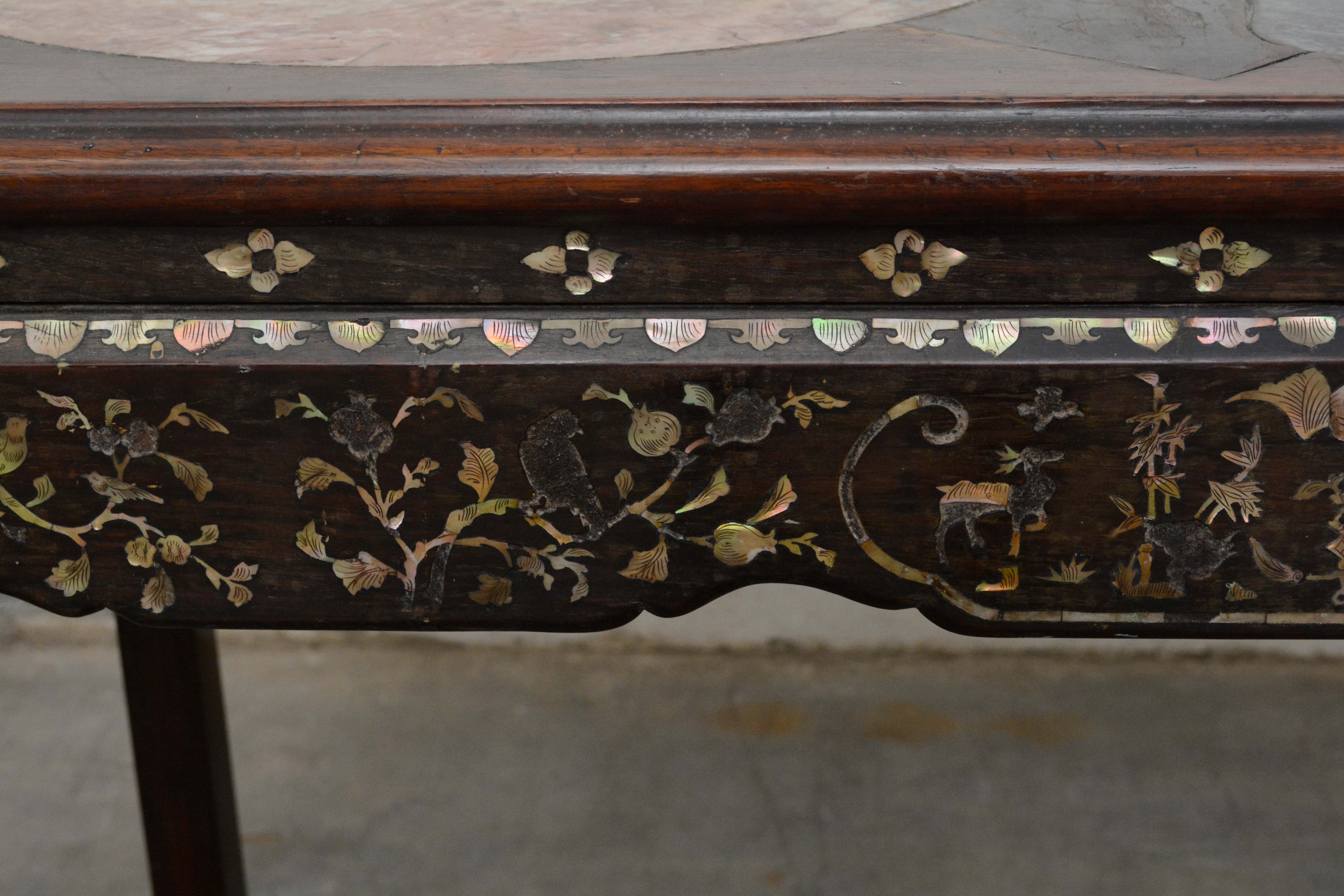 Chinese Rosewood and Stone Table with Mother of Pearl Inlay, 20th Century