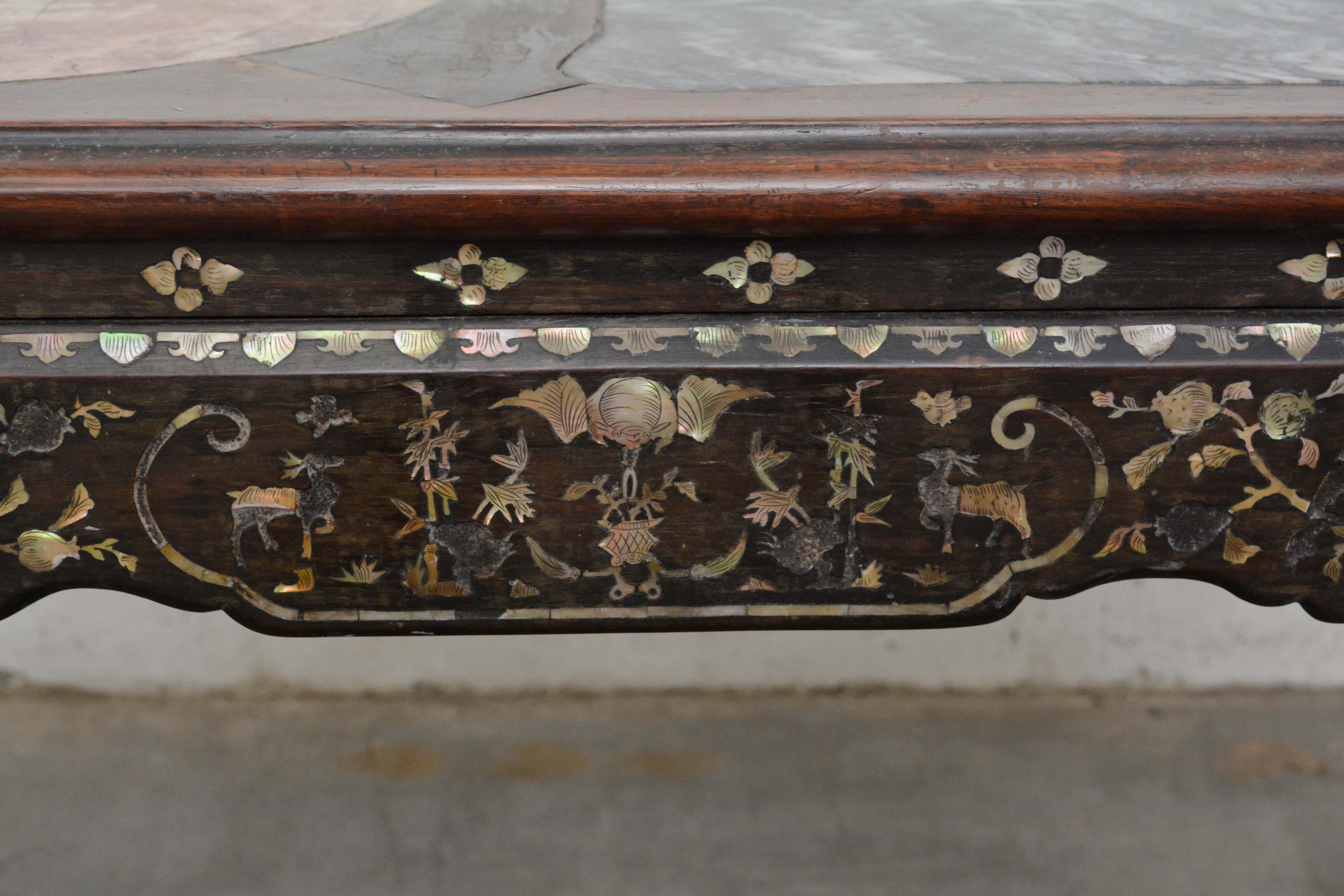 Chinese Rosewood and Stone Table with Mother of Pearl Inlay, 20th Century