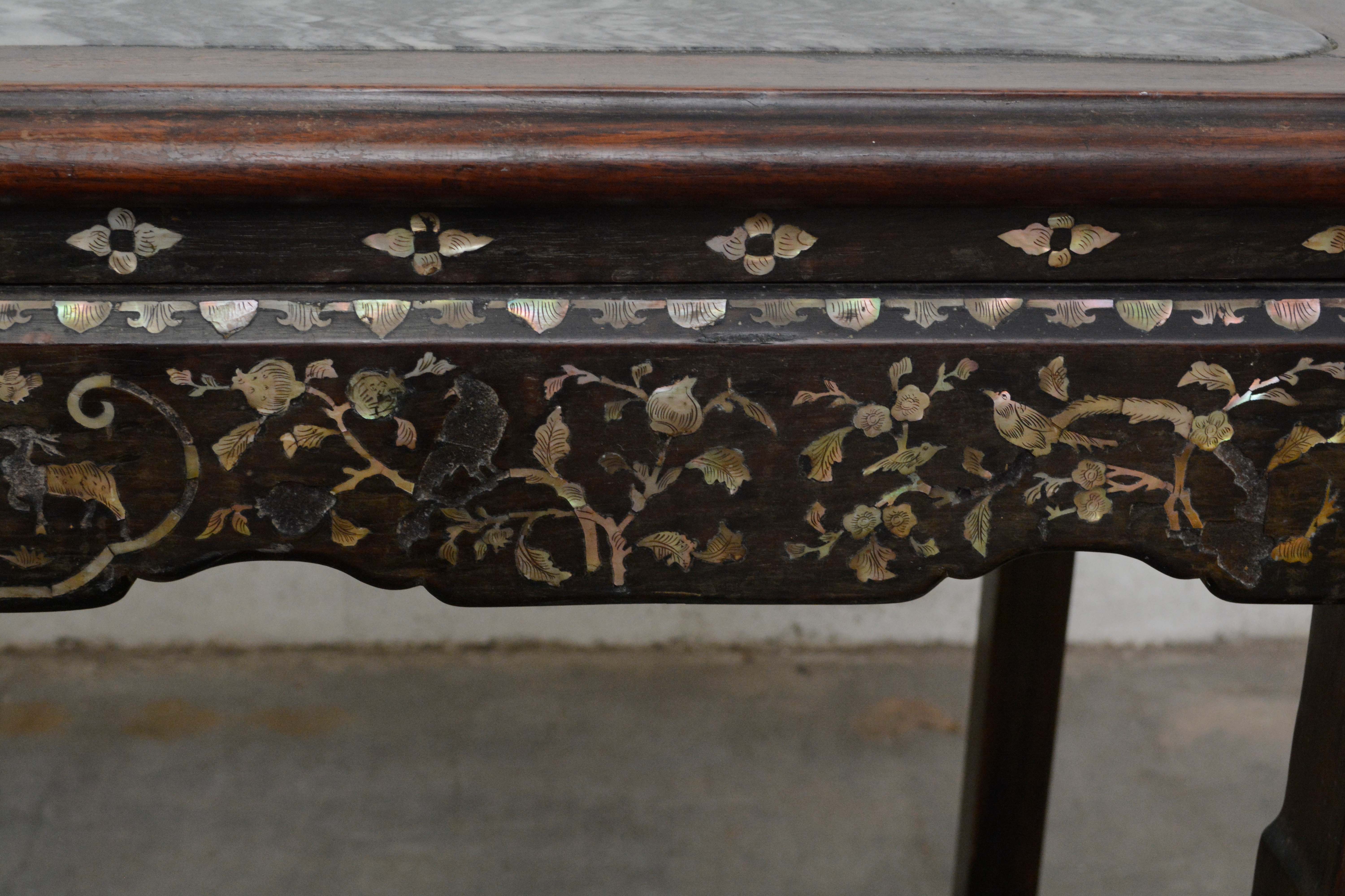 Chinese Rosewood and Stone Table with Mother of Pearl Inlay, 20th Century