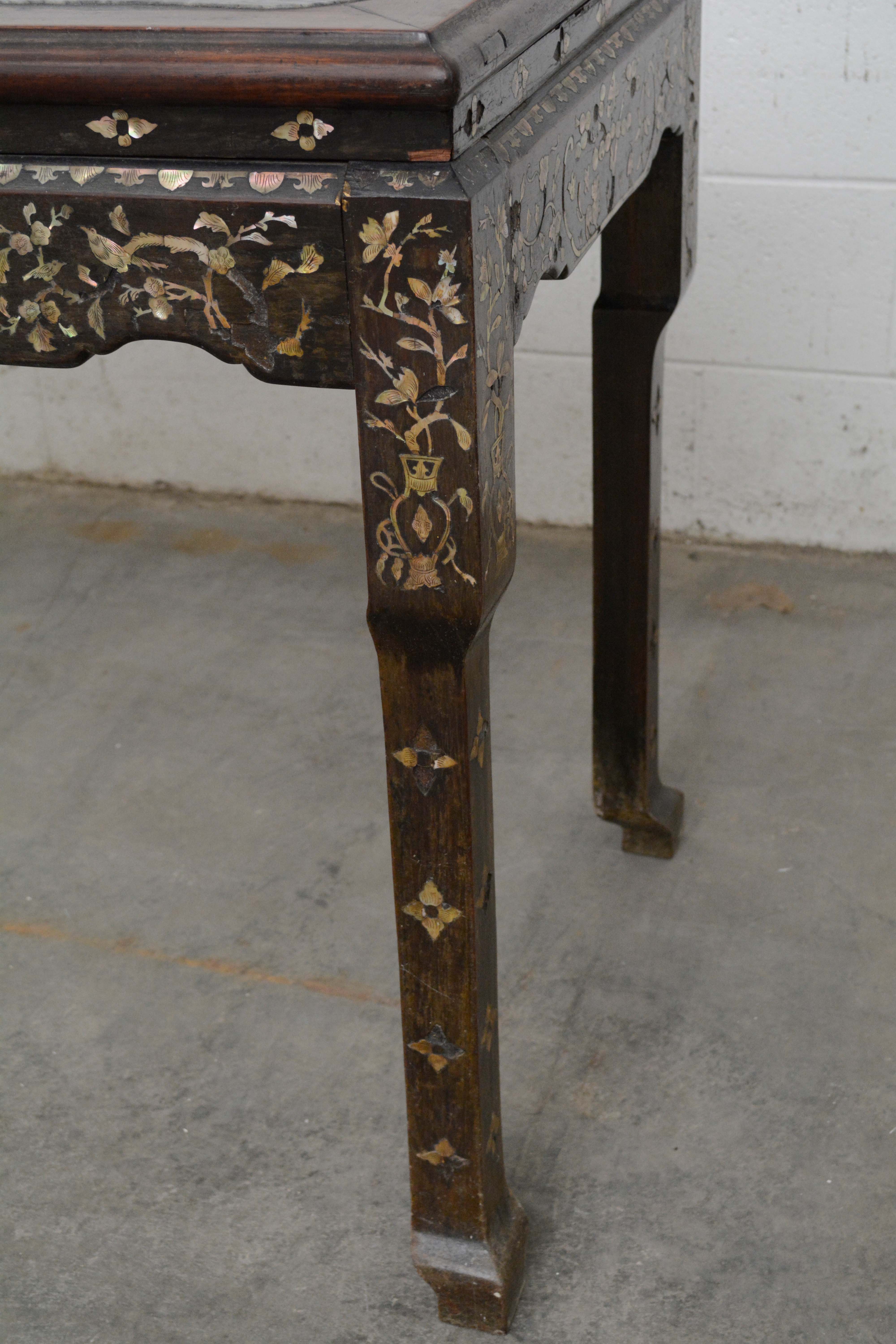 Chinese Rosewood and Stone Table with Mother of Pearl Inlay, 20th Century