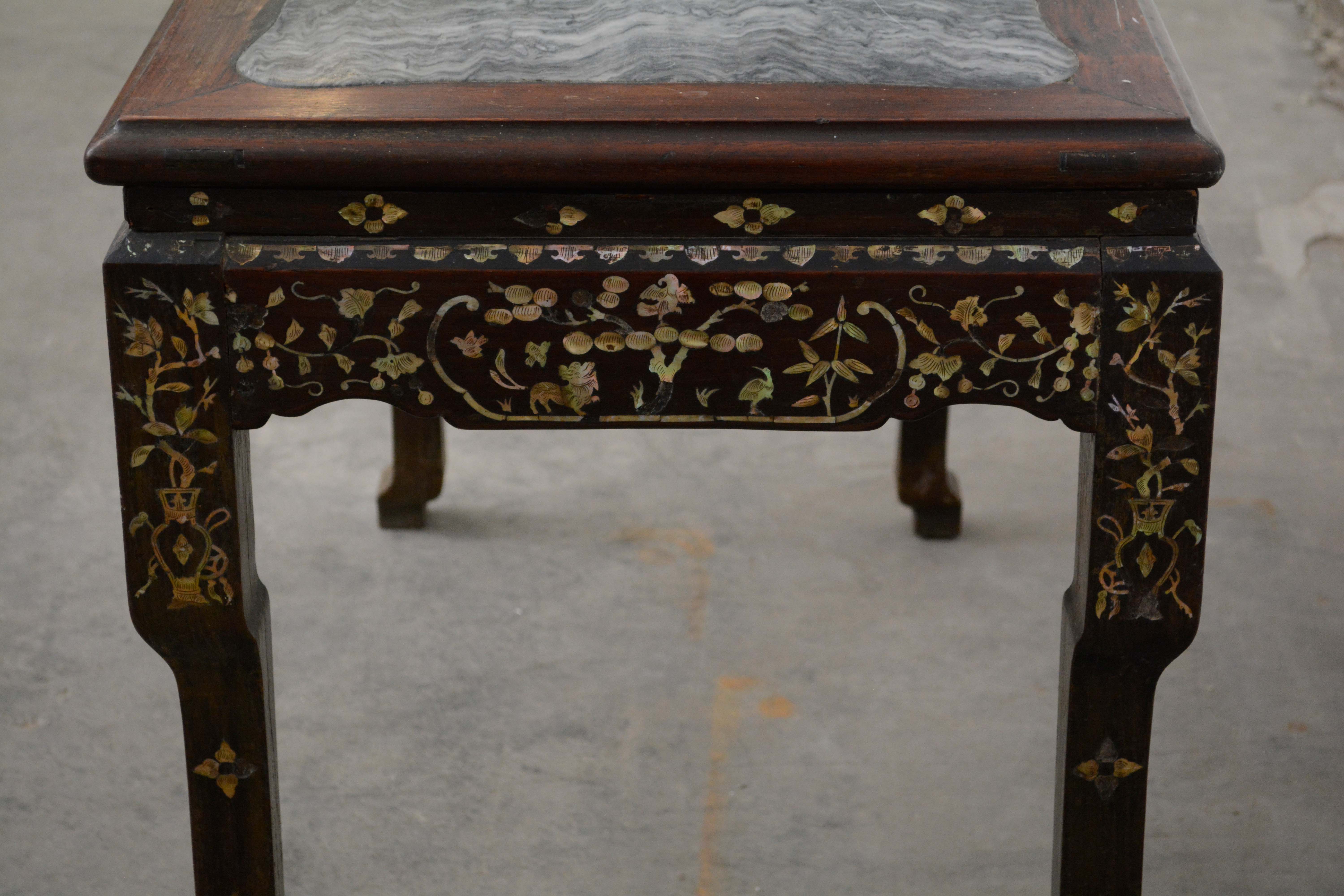 Chinese Rosewood and Stone Table with Mother of Pearl Inlay, 20th Century