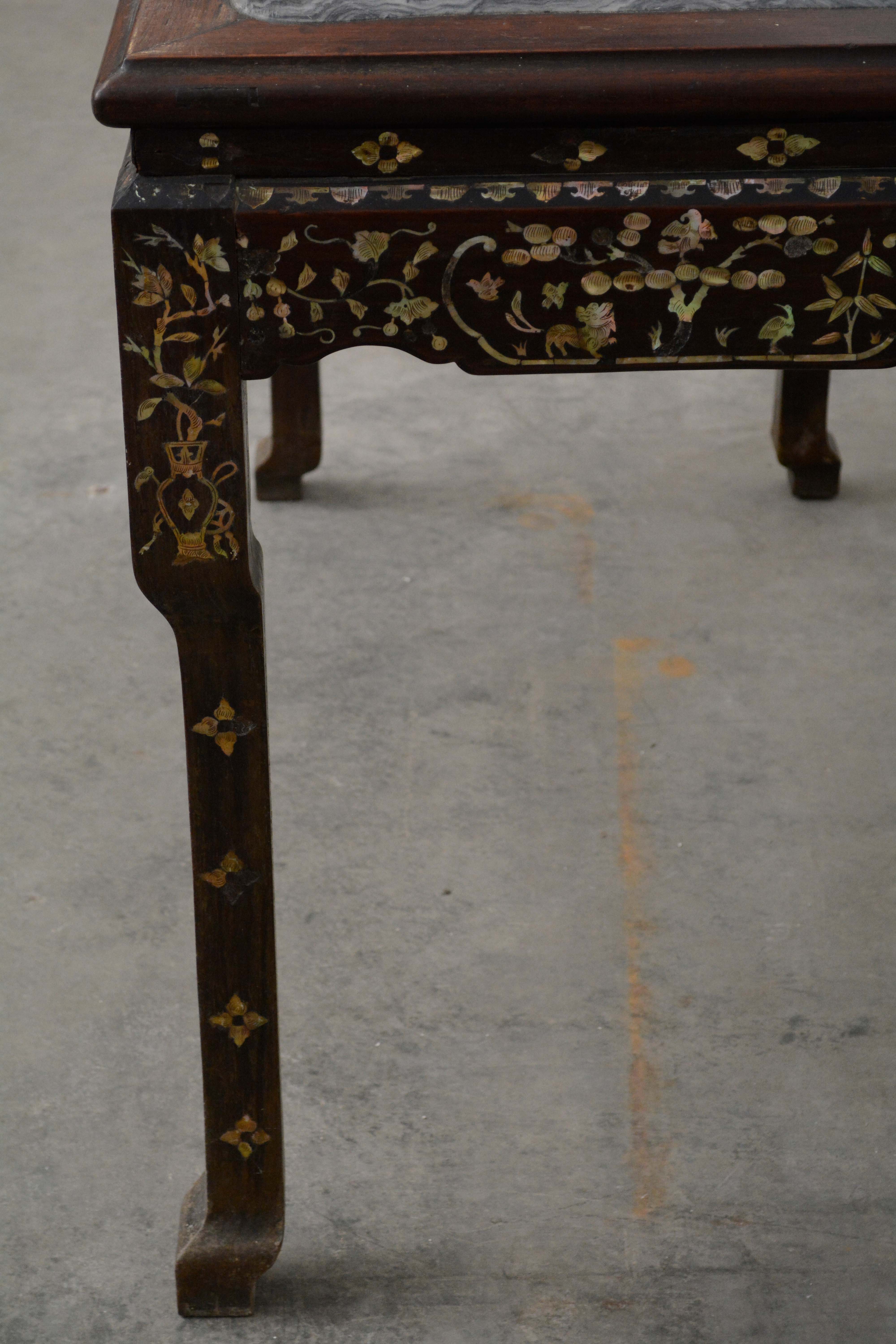 Chinese Rosewood and Stone Table with Mother of Pearl Inlay, 20th Century