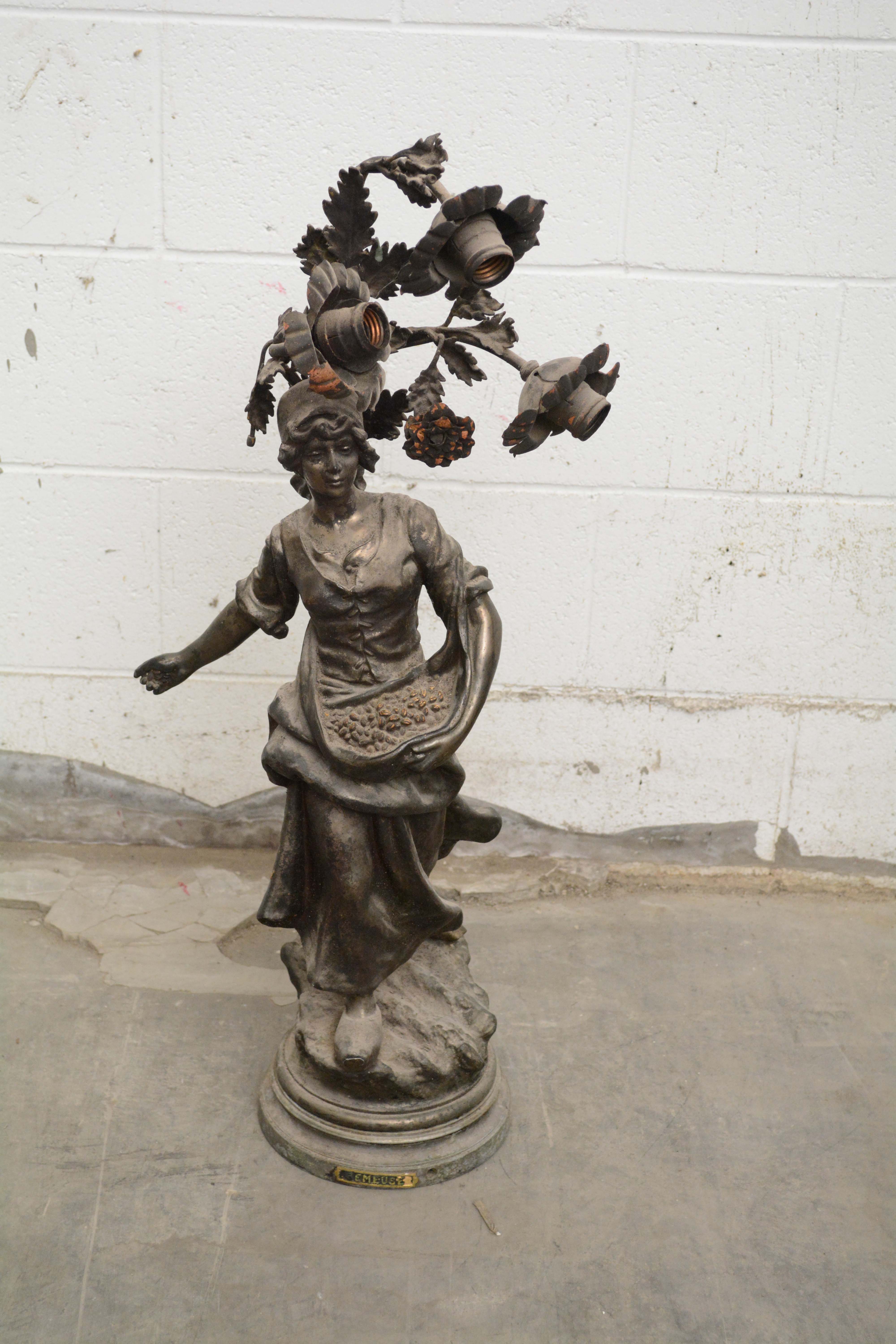 French Art Nouveau Bronzed Spelter "The Sower" and "Seeder" Figural Table Lamps