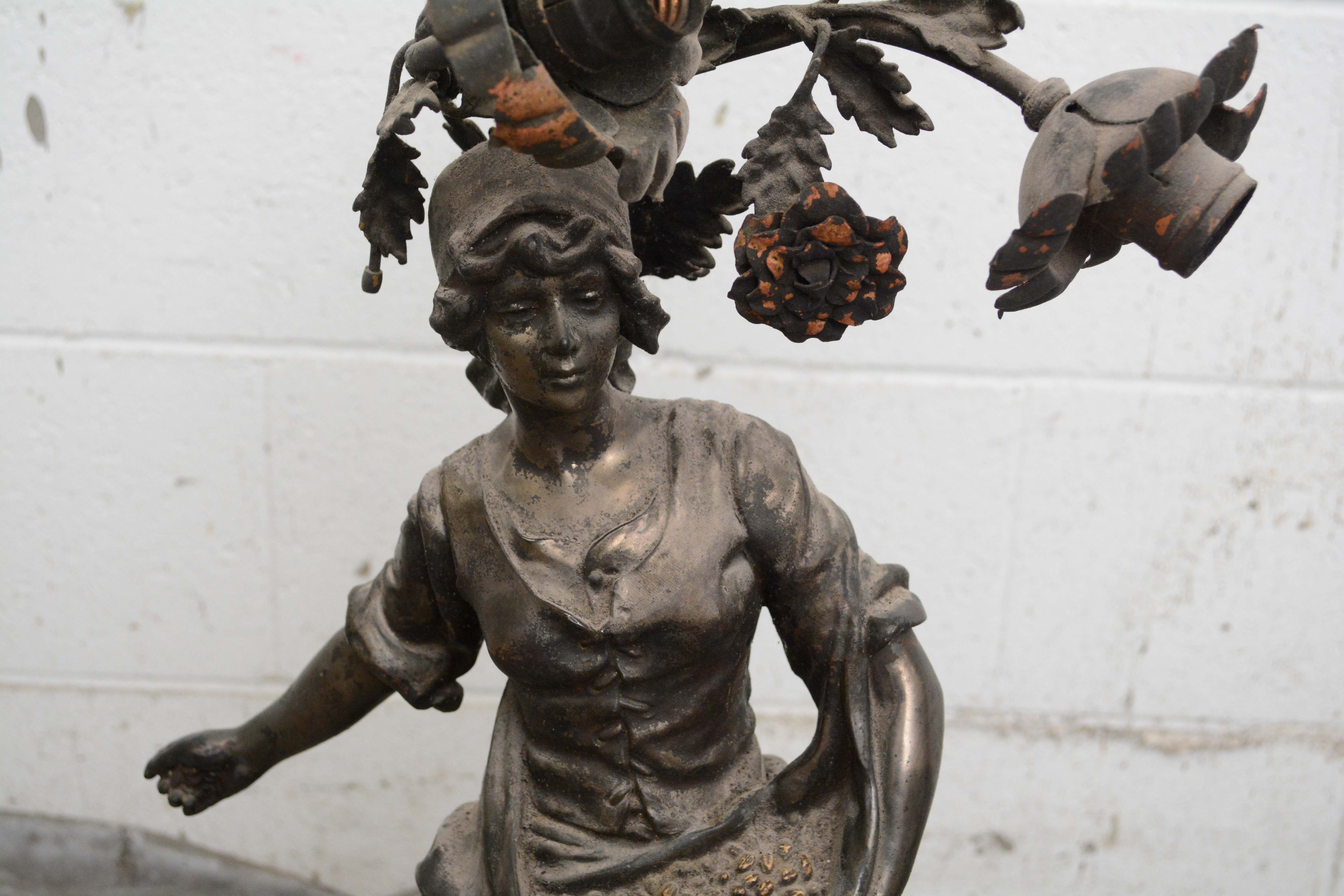 French Art Nouveau Bronzed Spelter "The Sower" and "Seeder" Figural Table Lamps