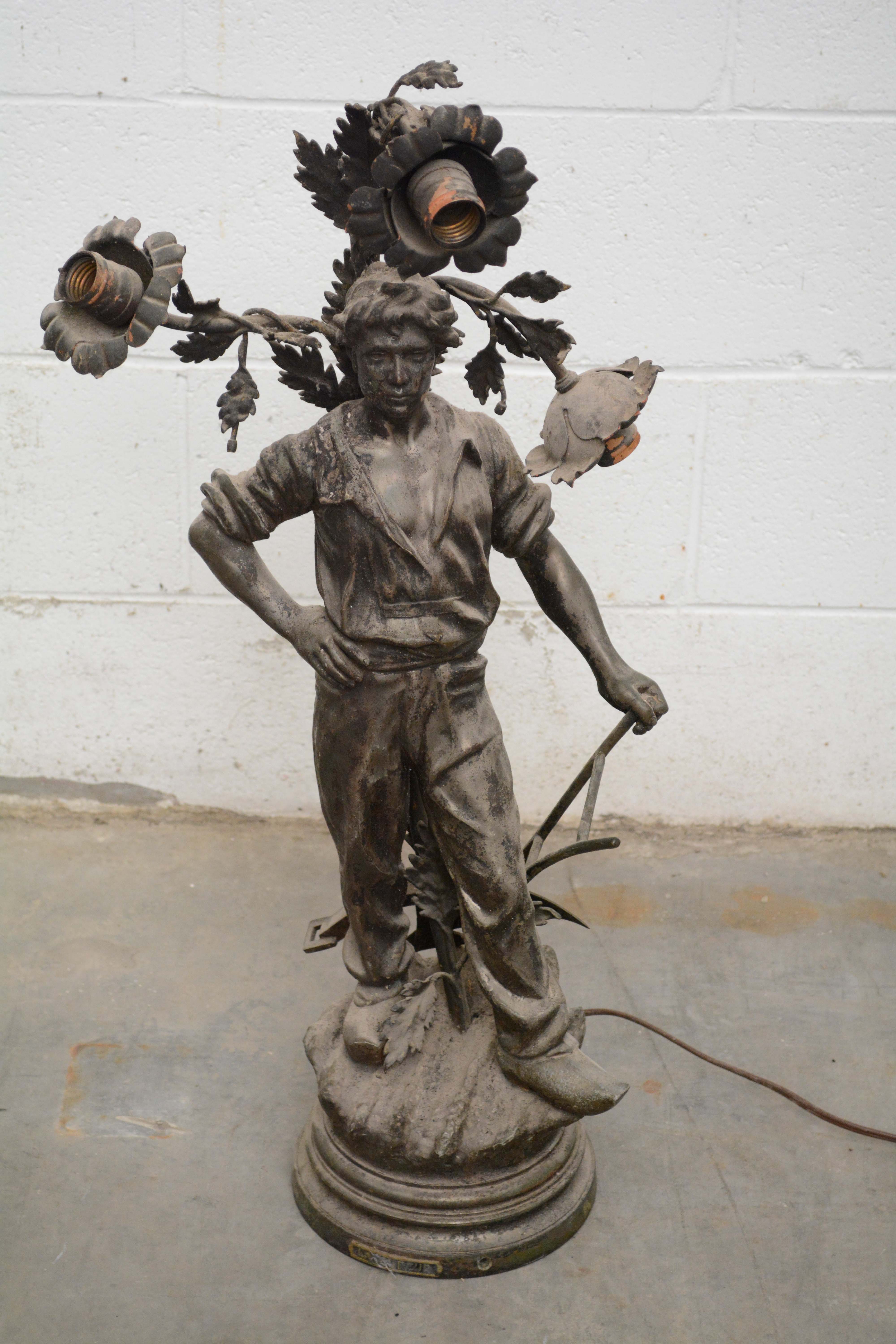 French Art Nouveau Bronzed Spelter "The Sower" and "Seeder" Figural Table Lamps