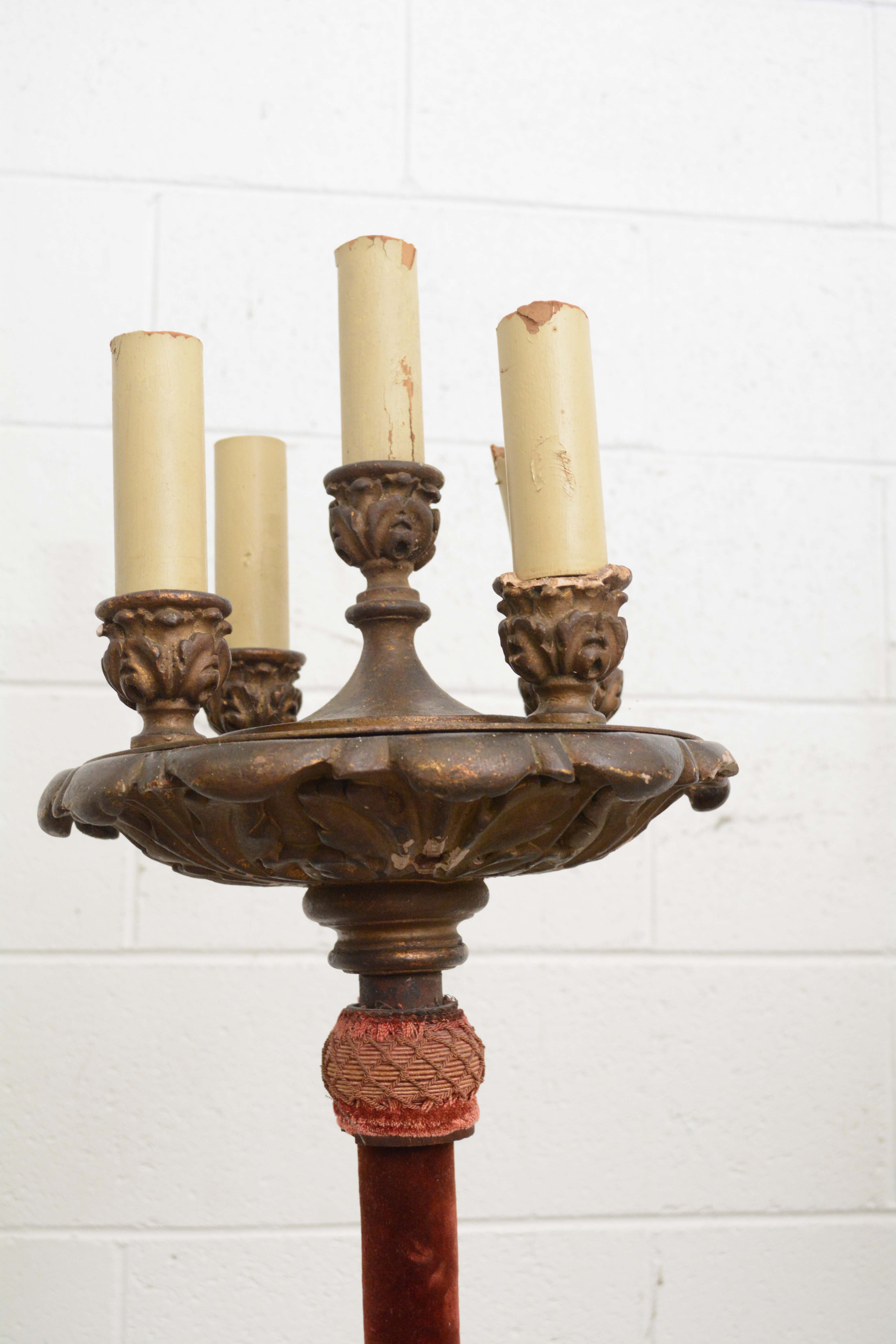 Antique Velvet Wrapped Acanthus Motif Five Light Standards