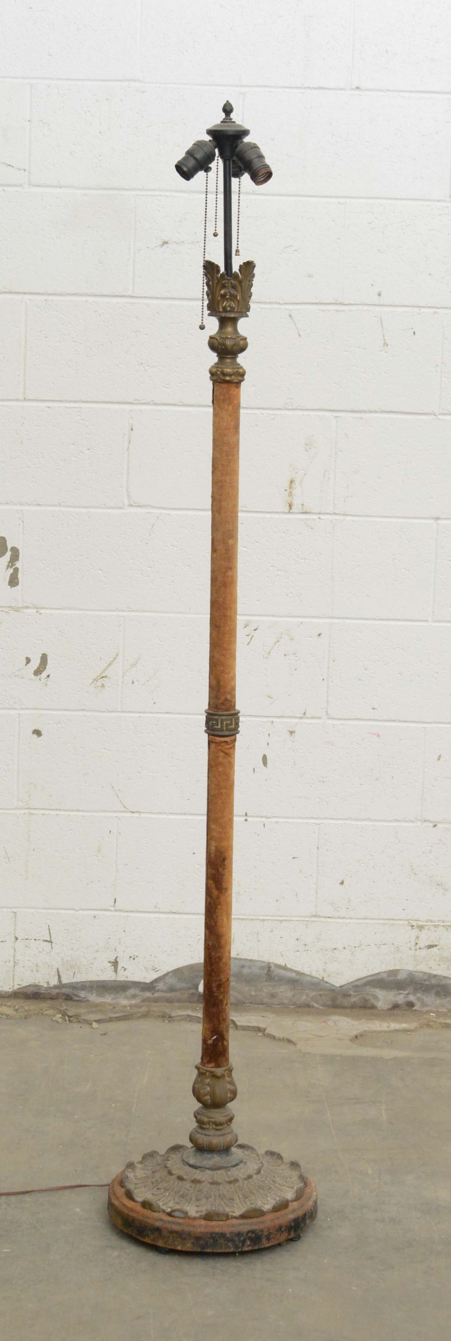 Antique Velvet Wrapped Acanthus Motif Three-Light Candelabra Metal Floor Lamp