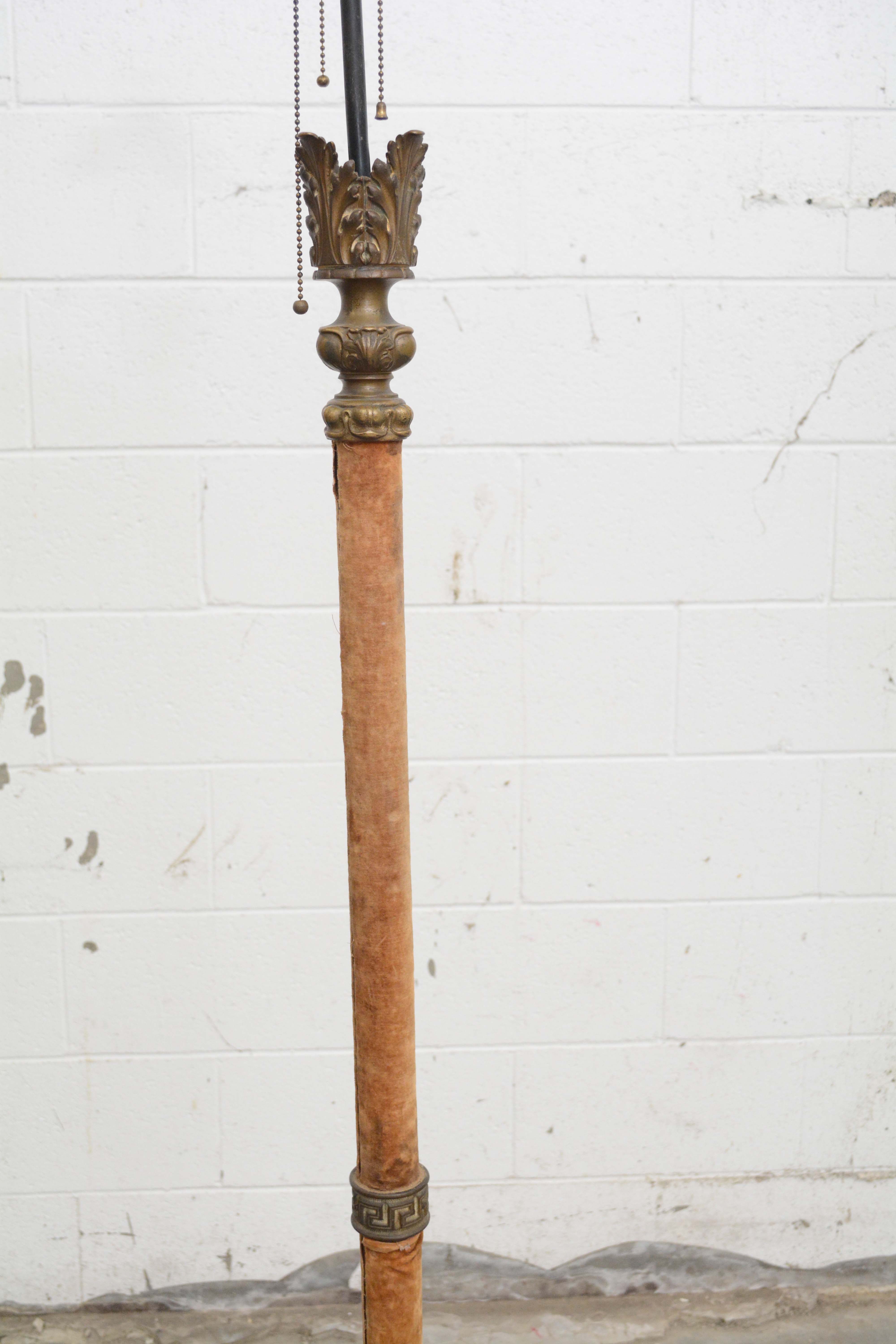 Antique Velvet Wrapped Acanthus Motif Three-Light Candelabra Metal Floor Lamp