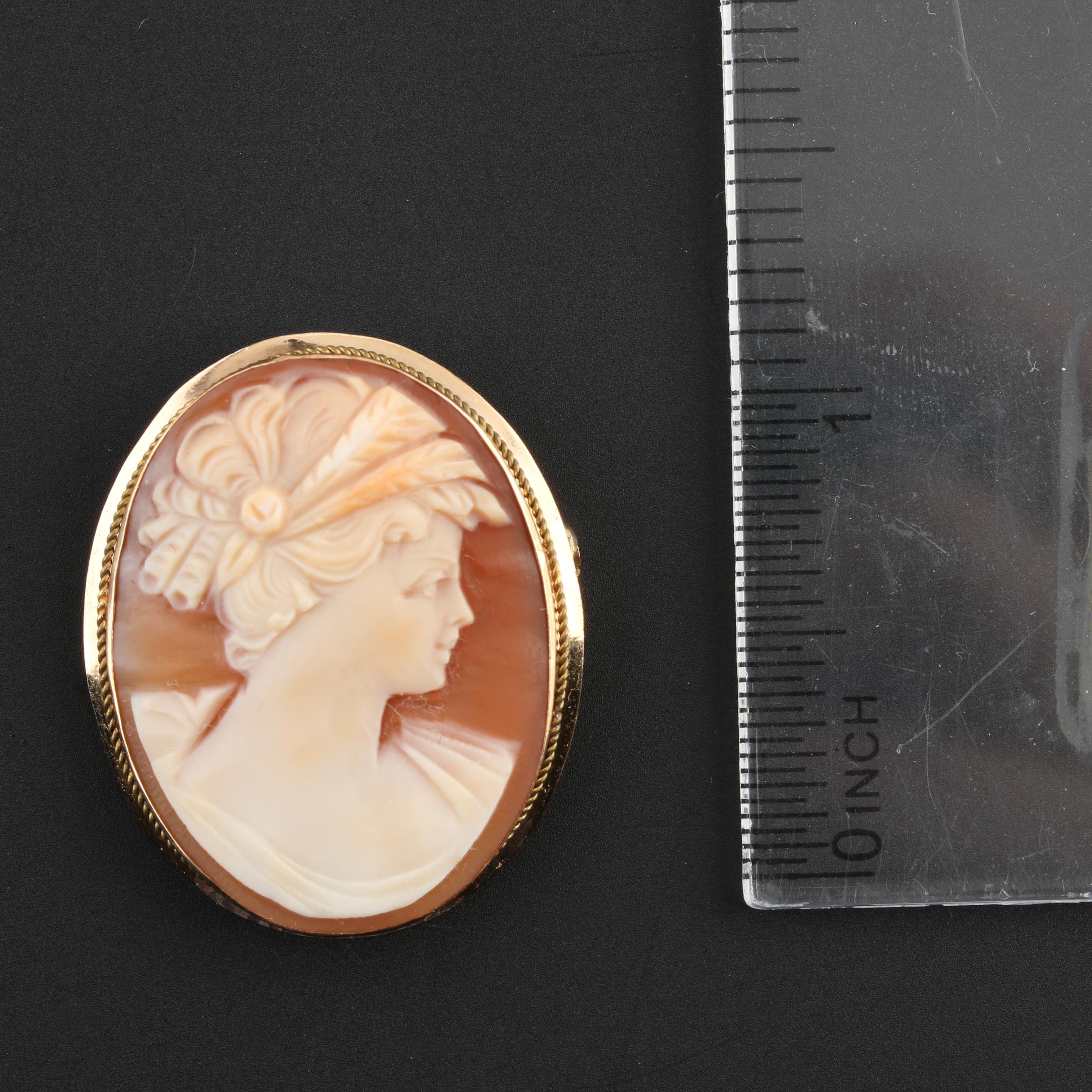 1930s 14K Yellow Gold Carved Shell Cameo Converter Brooch