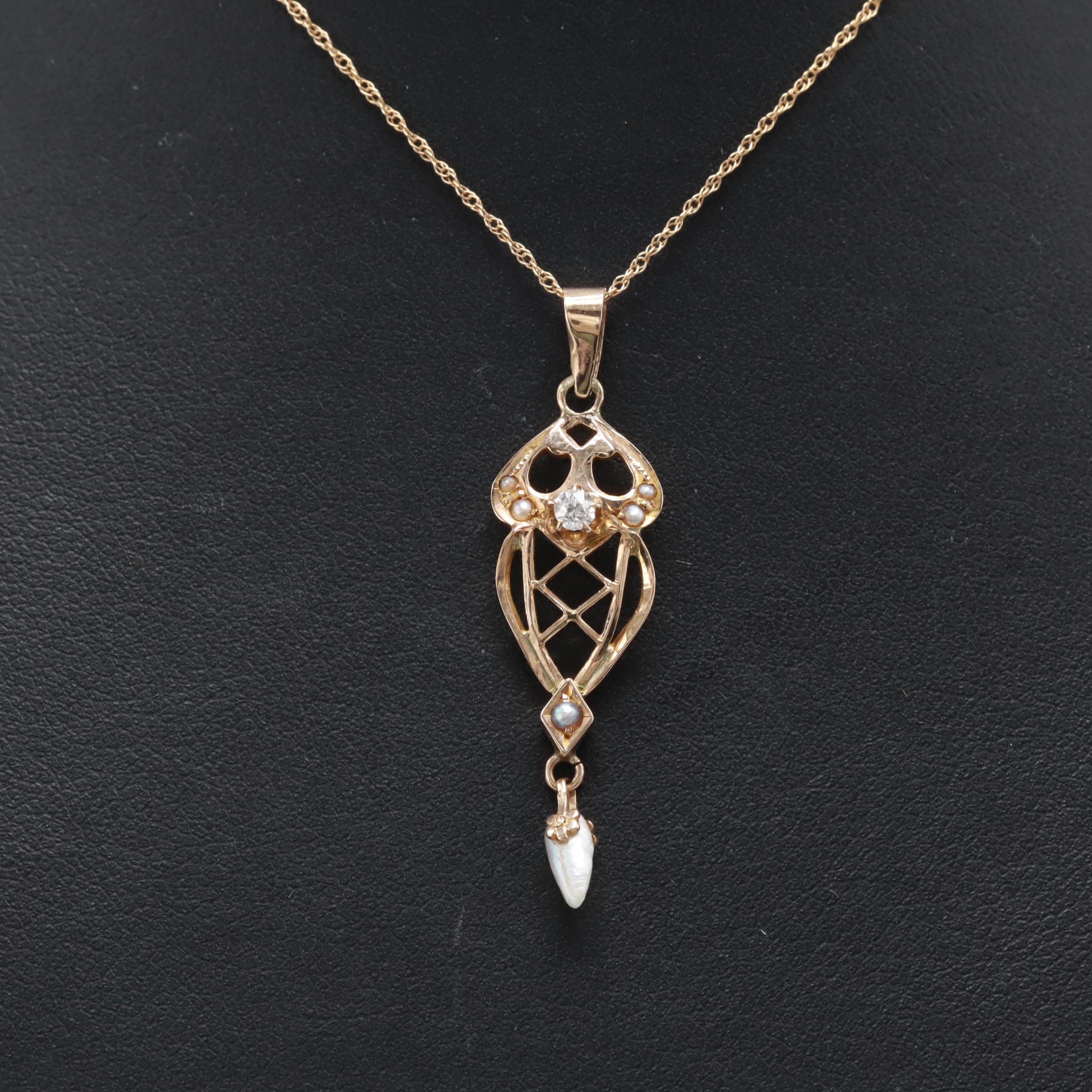 Arts and Crafts Era 10K Yellow Gold Diamond and Cultured Pearl Necklace