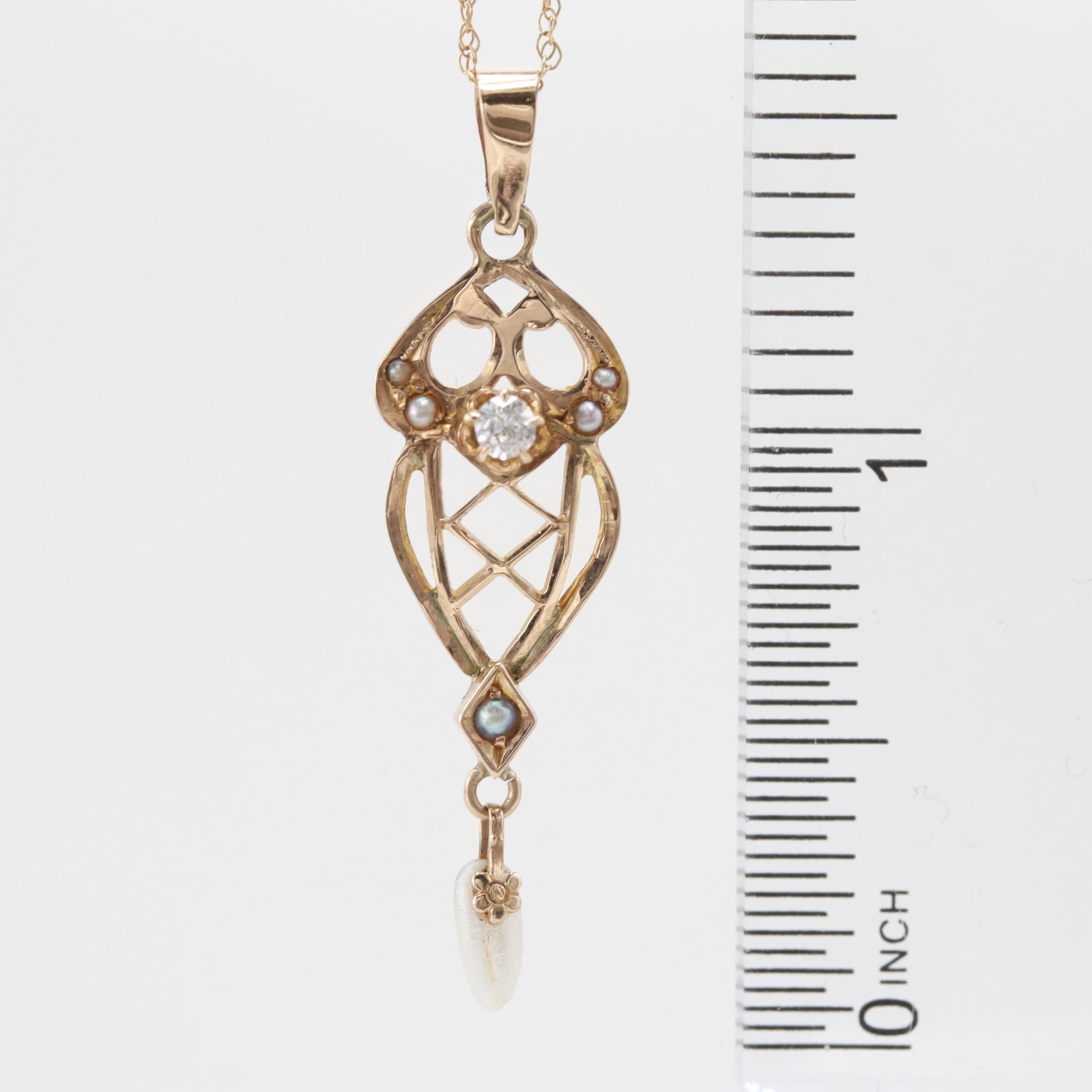 Arts and Crafts Era 10K Yellow Gold Diamond and Cultured Pearl Necklace