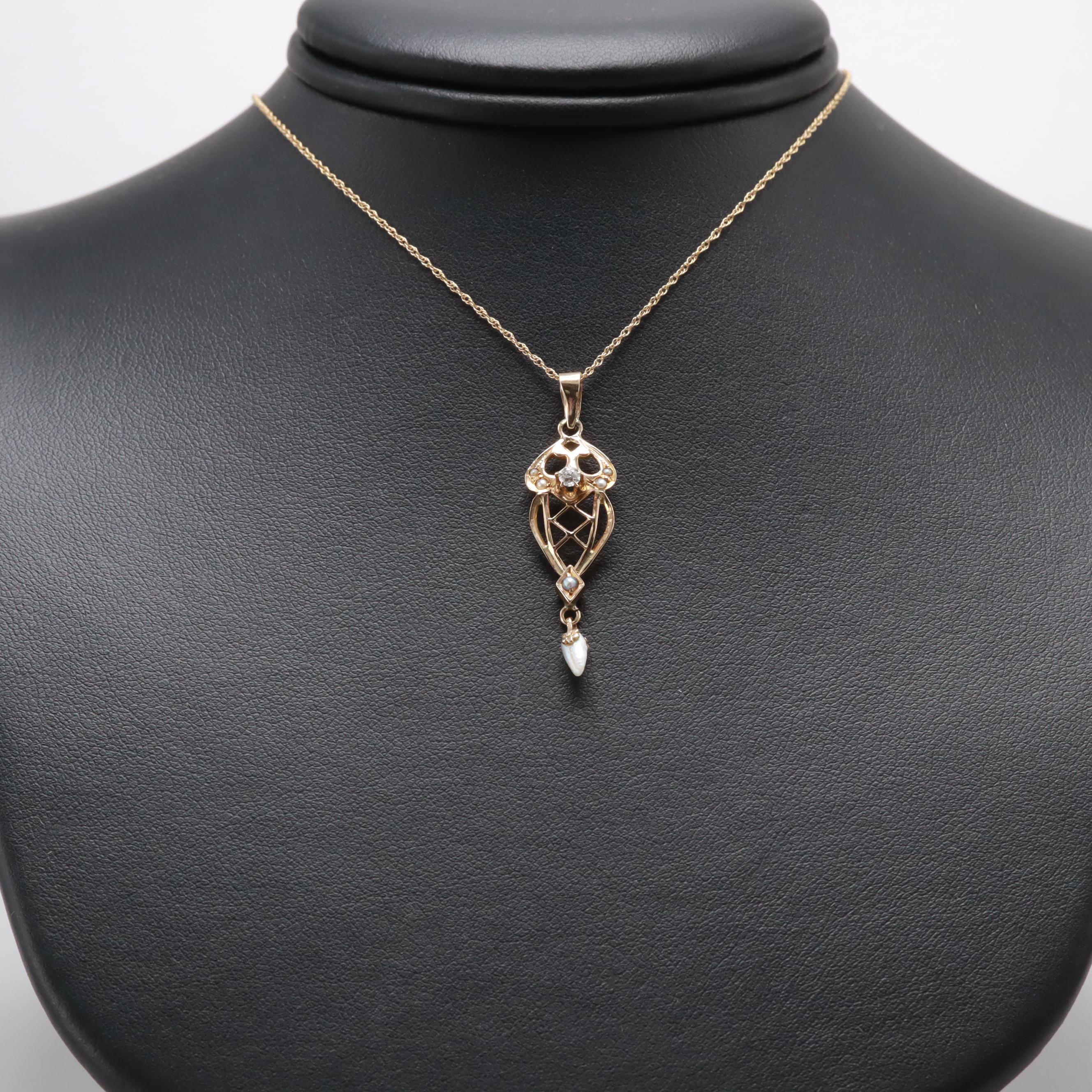 Arts and Crafts Era 10K Yellow Gold Diamond and Cultured Pearl Necklace