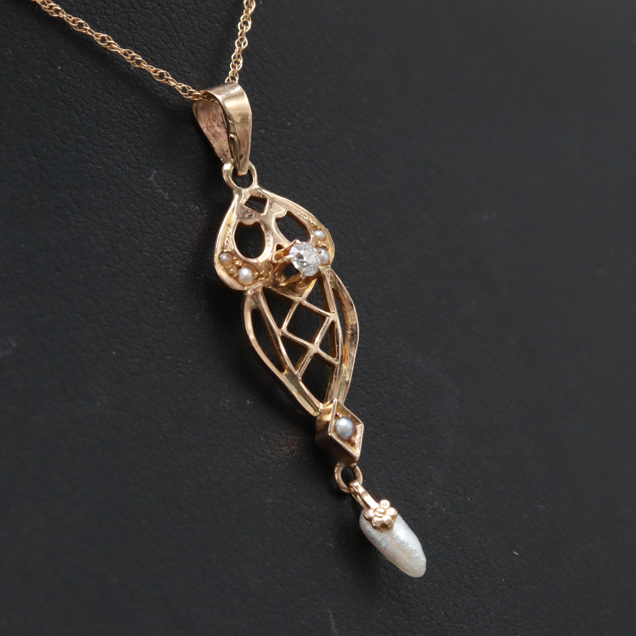 Arts and Crafts Era 10K Yellow Gold Diamond and Cultured Pearl Necklace