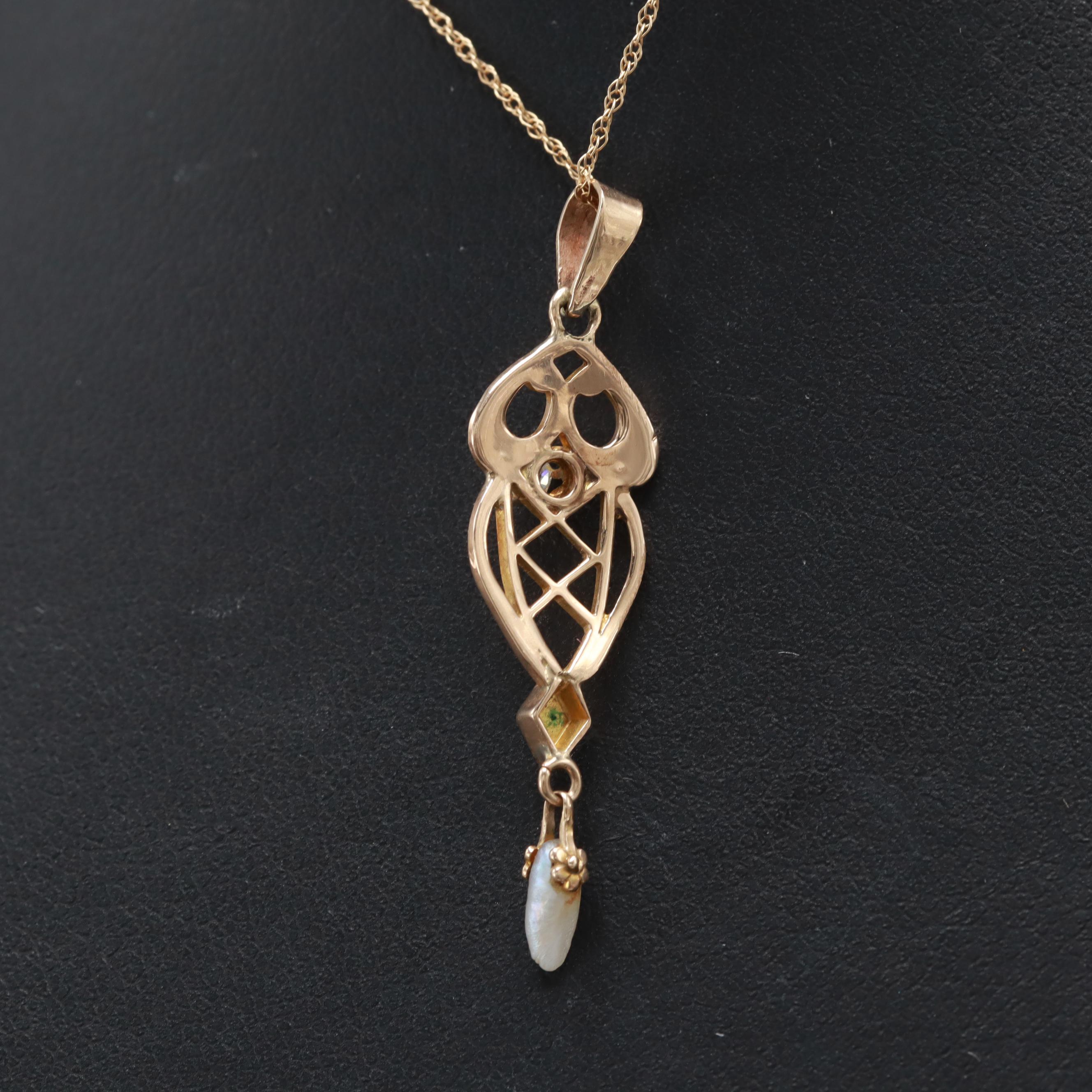 Arts and Crafts Era 10K Yellow Gold Diamond and Cultured Pearl Necklace