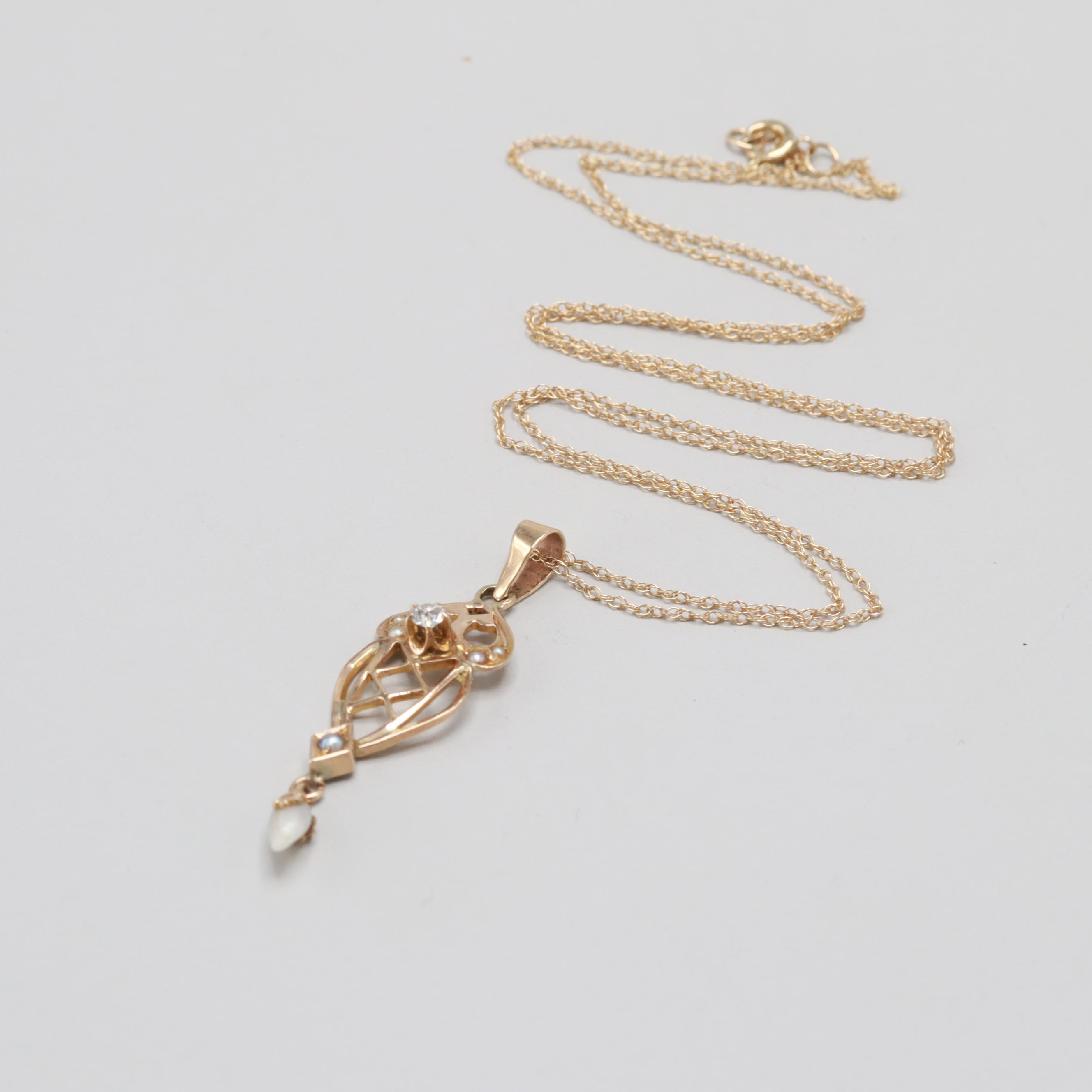Arts and Crafts Era 10K Yellow Gold Diamond and Cultured Pearl Necklace