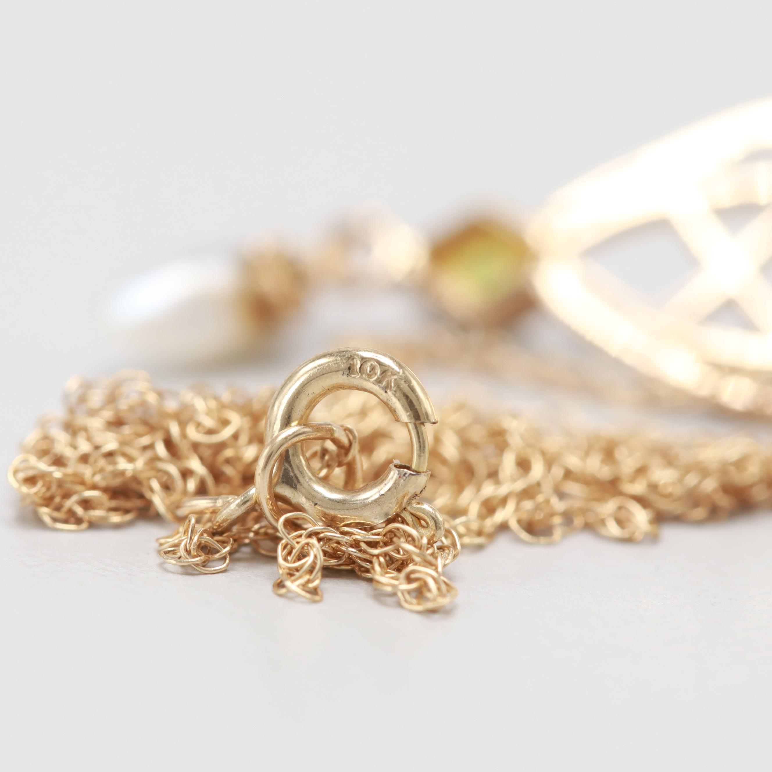 Arts and Crafts Era 10K Yellow Gold Diamond and Cultured Pearl Necklace