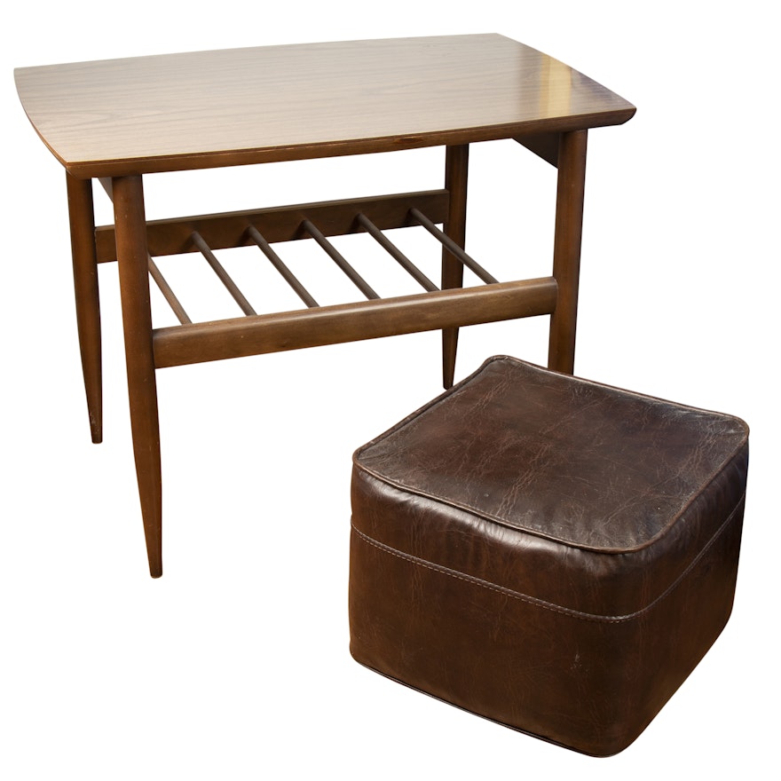 Mid Century Modern Walnut Side Table and Leather Footstool, Mid 20th Century