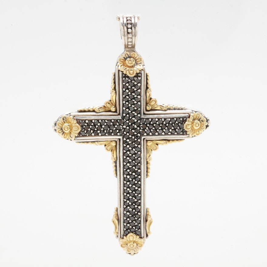 Konstantino Sterling Silver and 18K Gold 1.75 CTW Black Diamond Cross Pendant