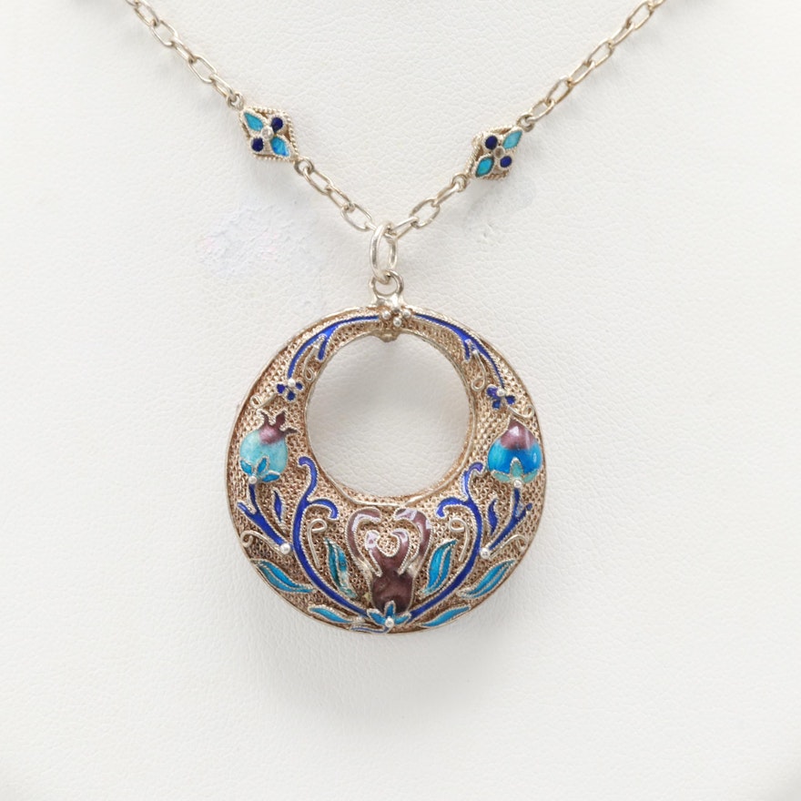 Vintage Cloisonné and Sterling Silver Filigree Pendant Necklace