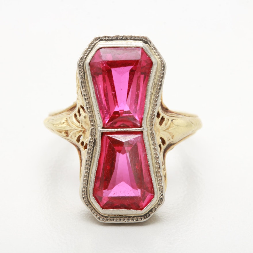 Art Deco 14K Yellow Gold Synthetic Ruby Ring