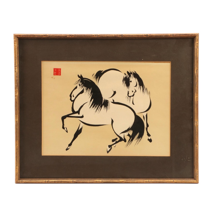Horse Woodblock Print in the Manner of Urushibara Mokuchu