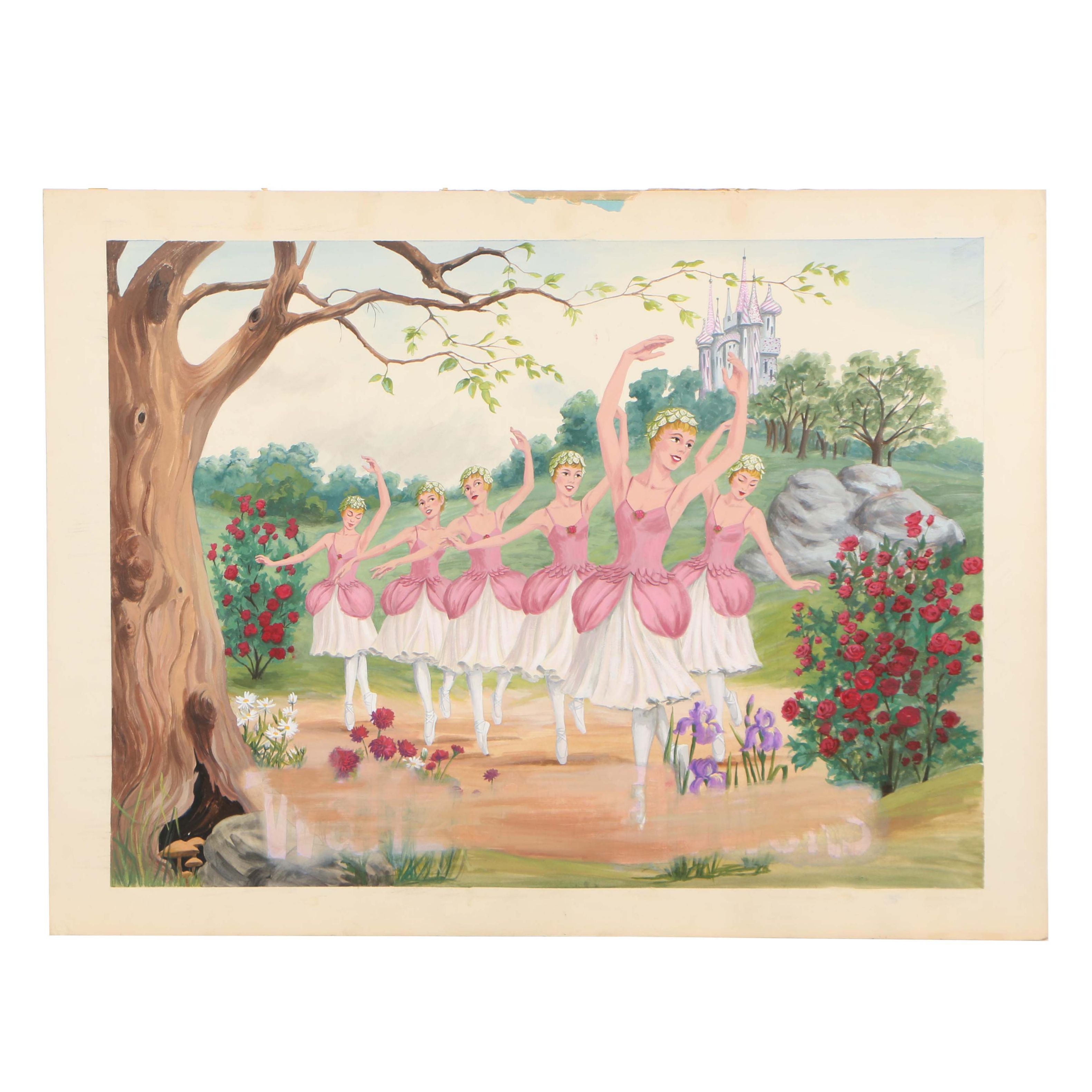 Late 20th Century Gouache Illustration of The Nutcracker "Waltz of the Flowers"