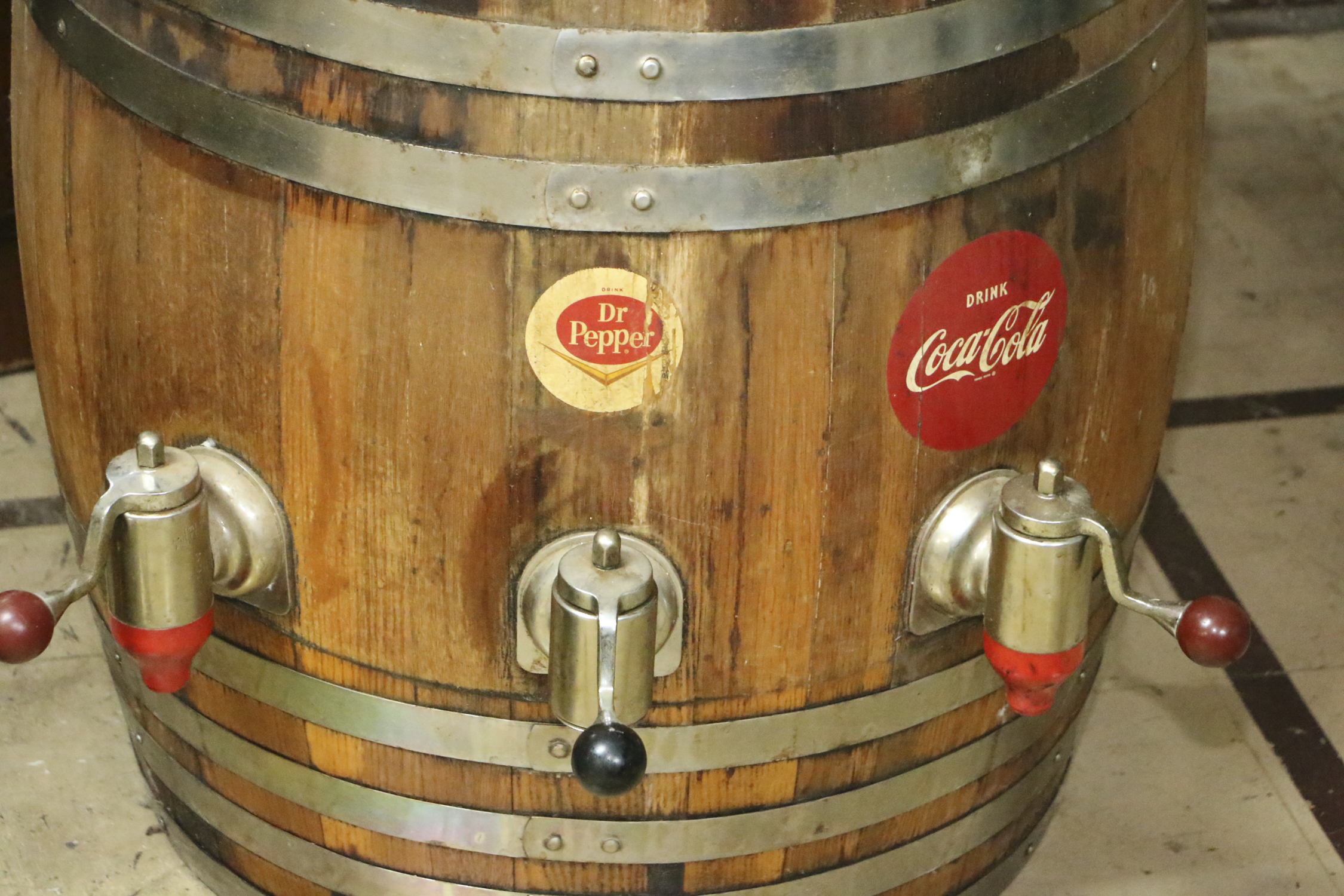 Wood and Metal Barrel Soda Dispenser, Mid/Late 20th Century