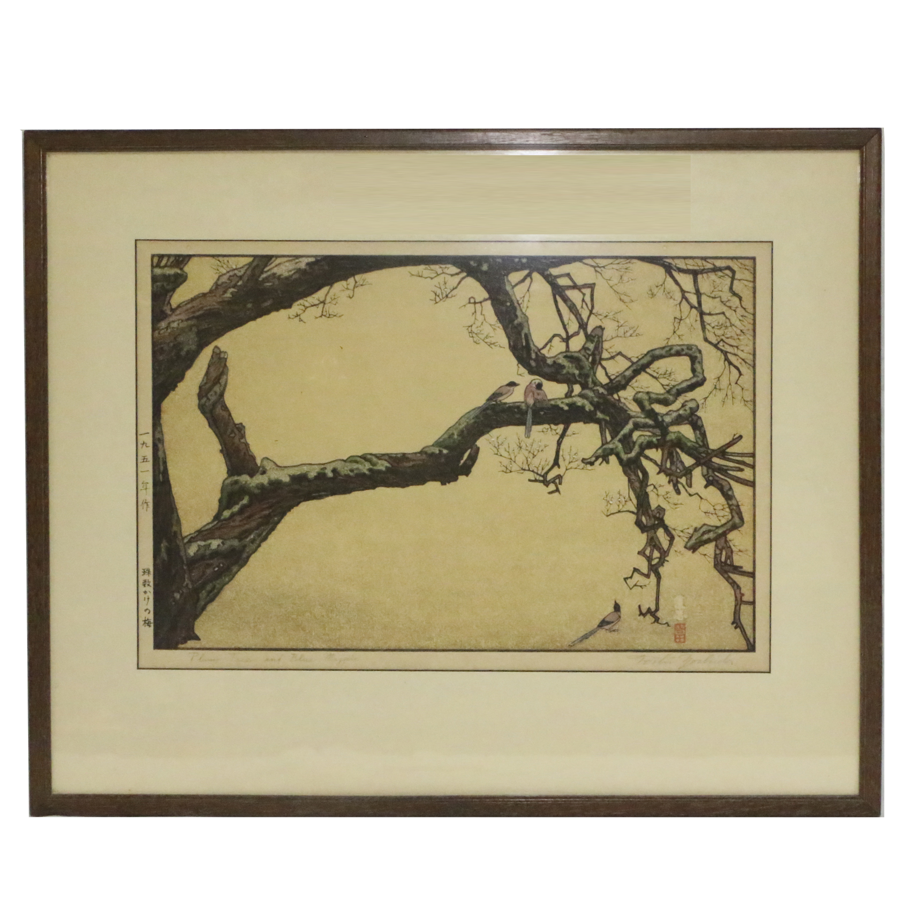 Tōshi Yoshida Woodblock "Plum Tree and Blue Magpie"