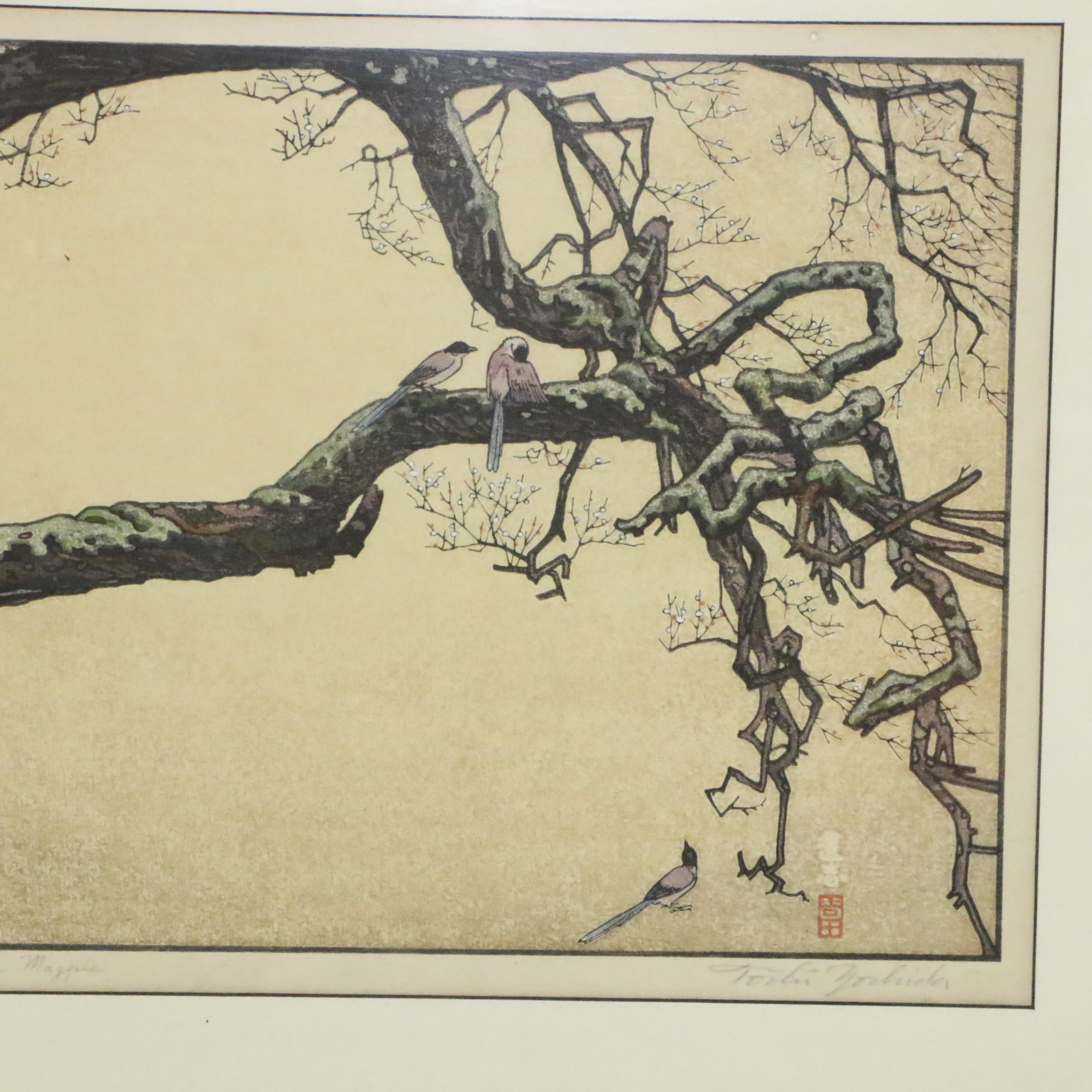 Tōshi Yoshida Woodblock "Plum Tree and Blue Magpie"