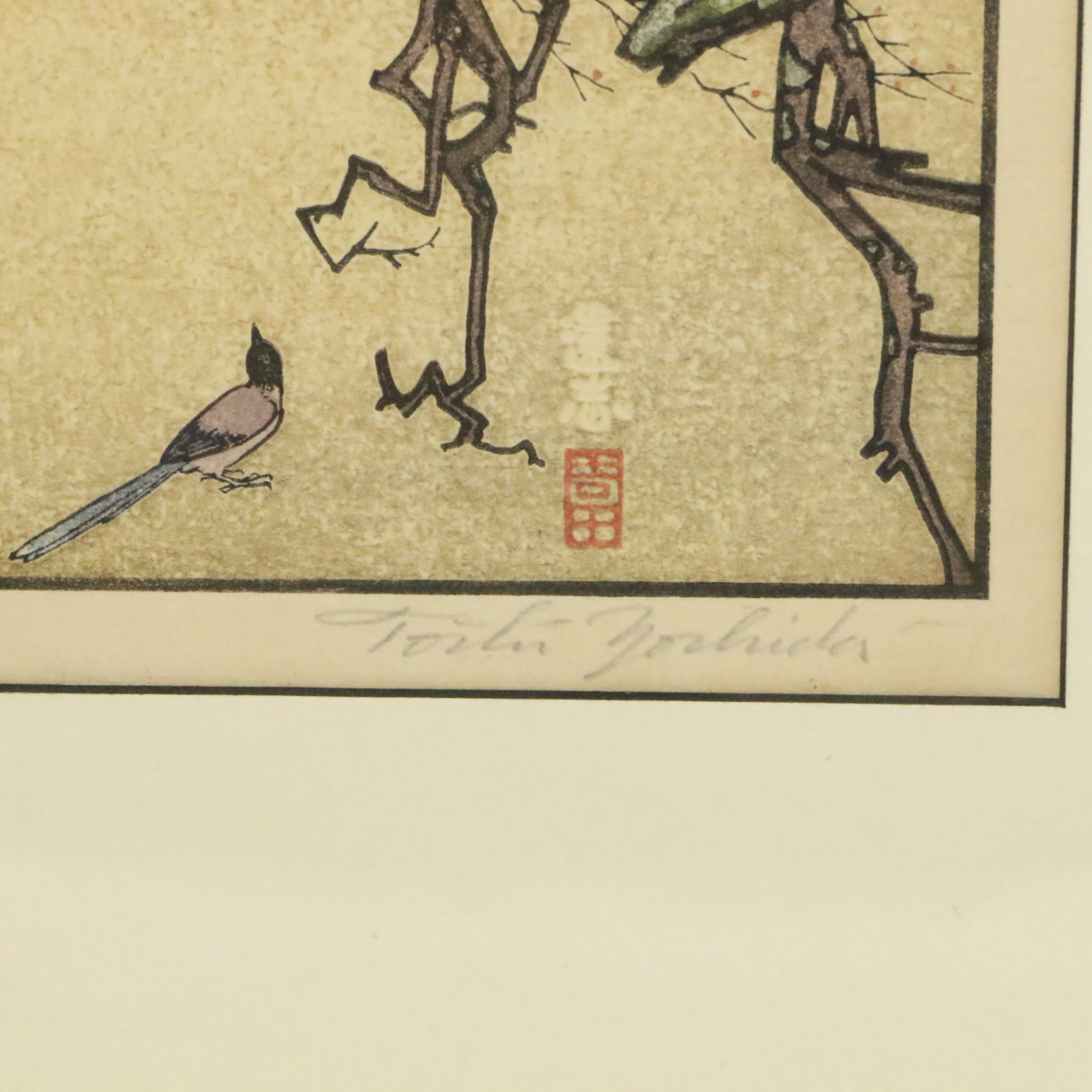 Tōshi Yoshida Woodblock "Plum Tree and Blue Magpie"