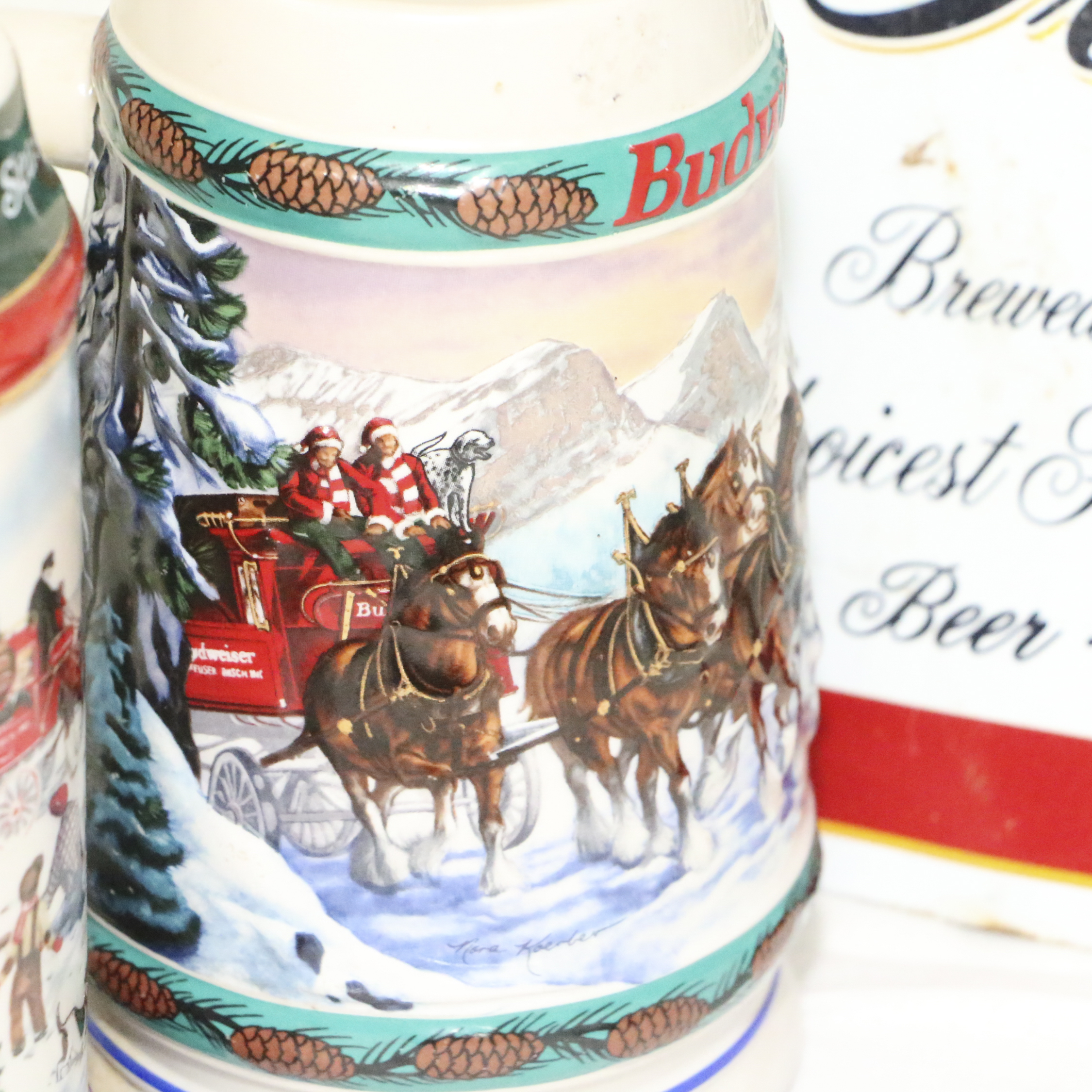 Budweiser Ceramic Christmas Collectors Mugs and Plaque