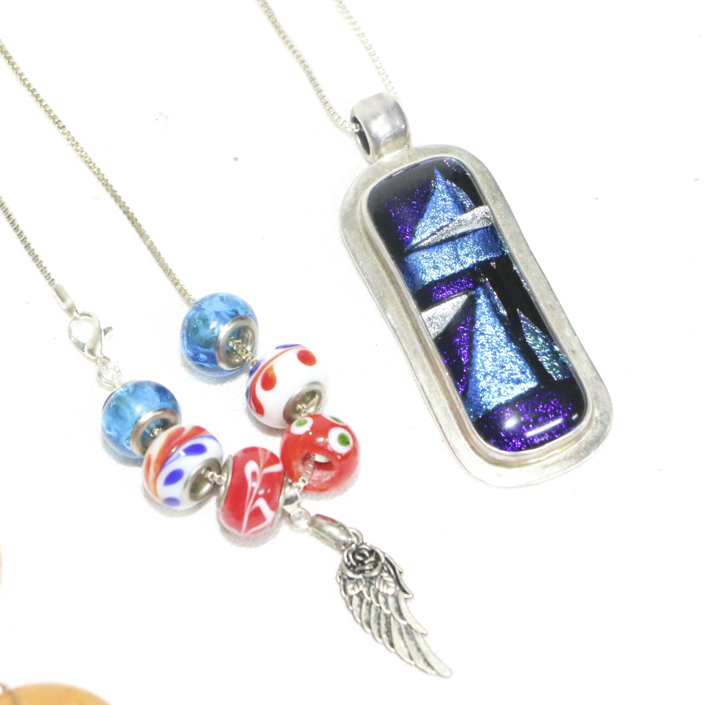 Sterling Silver and Dichroic Glass Pendant Necklace With Glass Beaded Necklaces