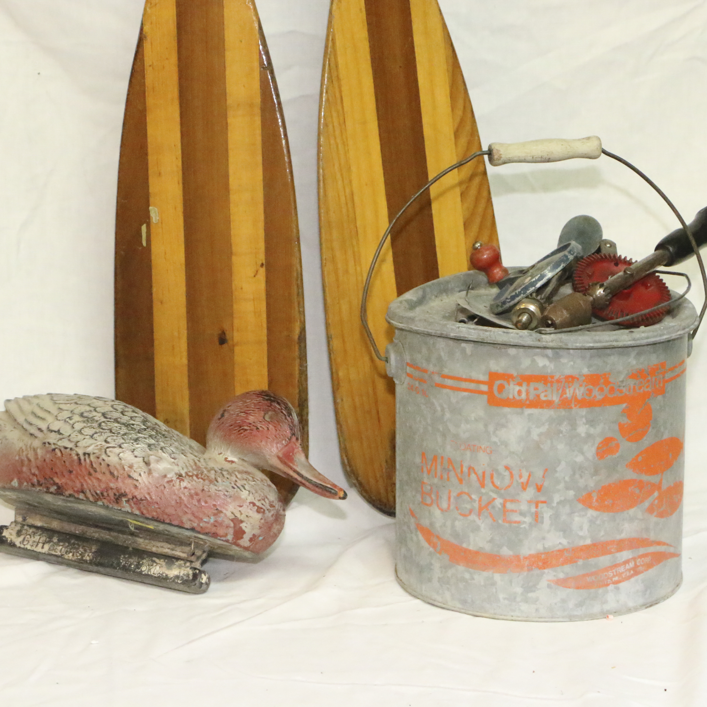 Vintage Wooden Oars, Duck Decoy, Minnow Bucket and More