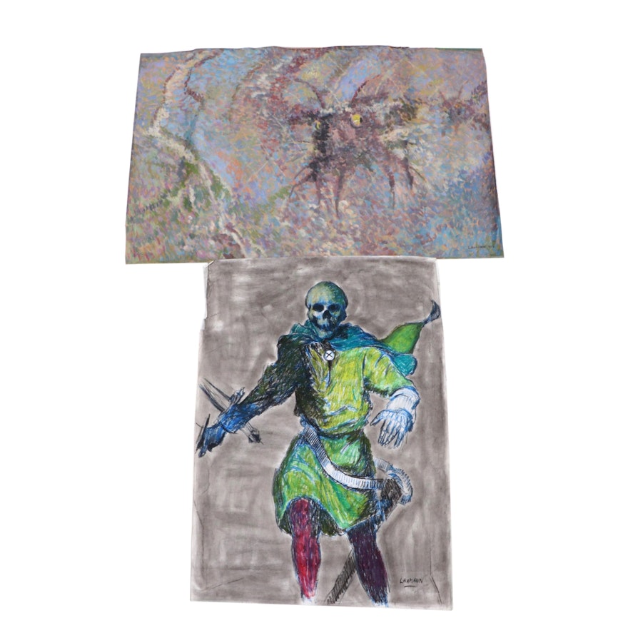 Robert Lahmann Drawing of Grim Reaper and Abstract Painting of Creature