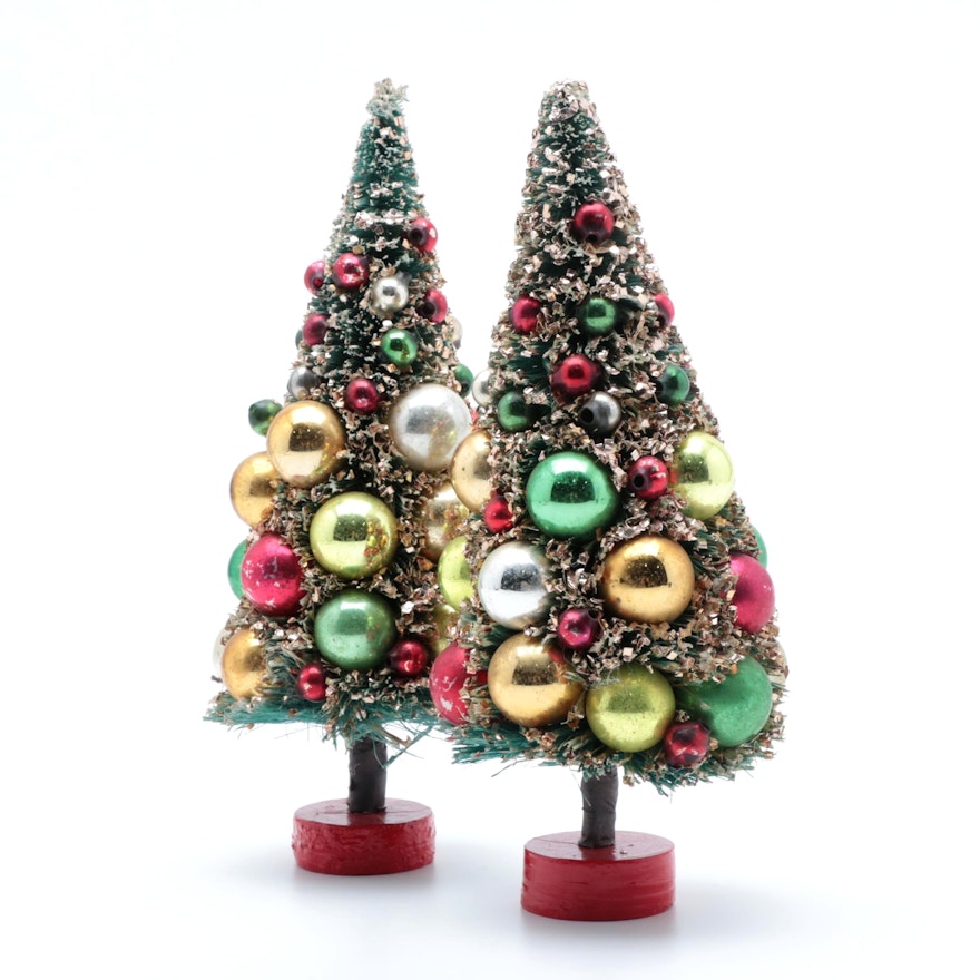 Pair of Vintage Embellished Holiday Bottle Brush Trees