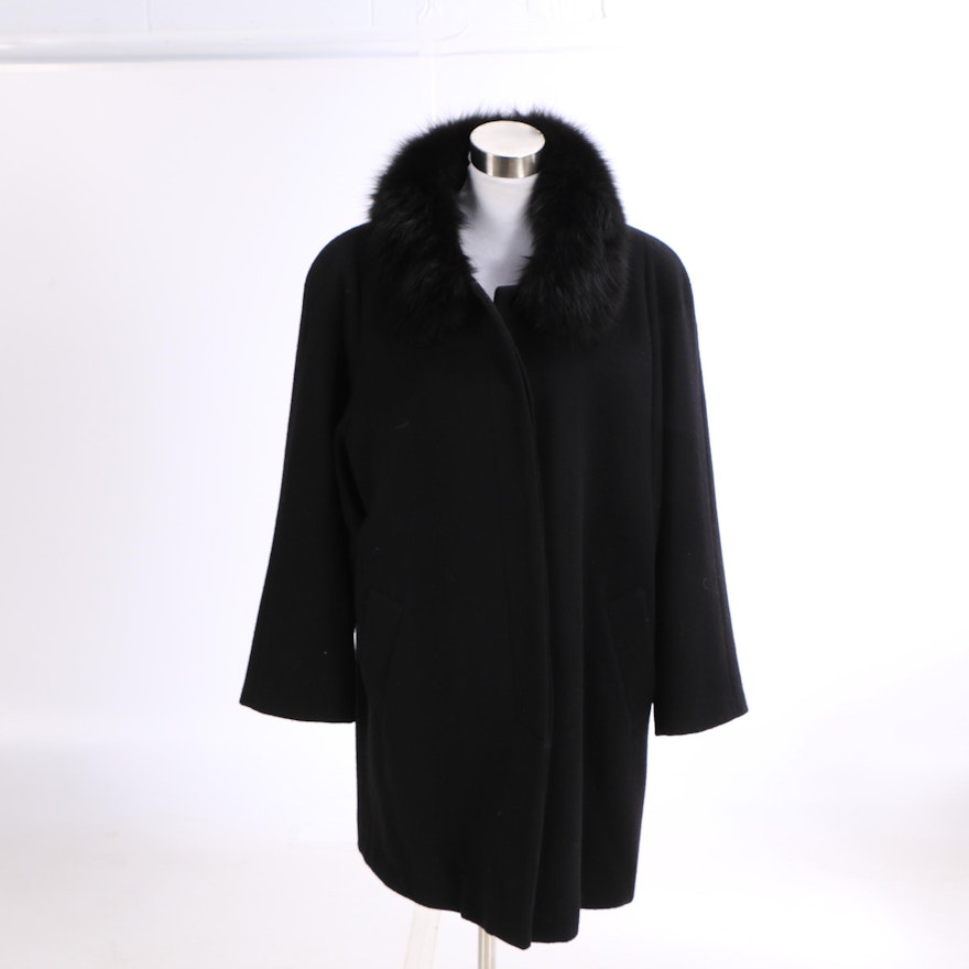 Forecaster of Boston Black Wool Swing Coat with Fox Fur Collar