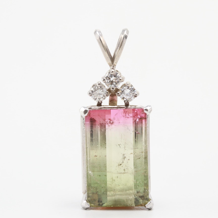 14K White Gold 10.10 CT Bi-Color Tourmaline and Diamond Pendant